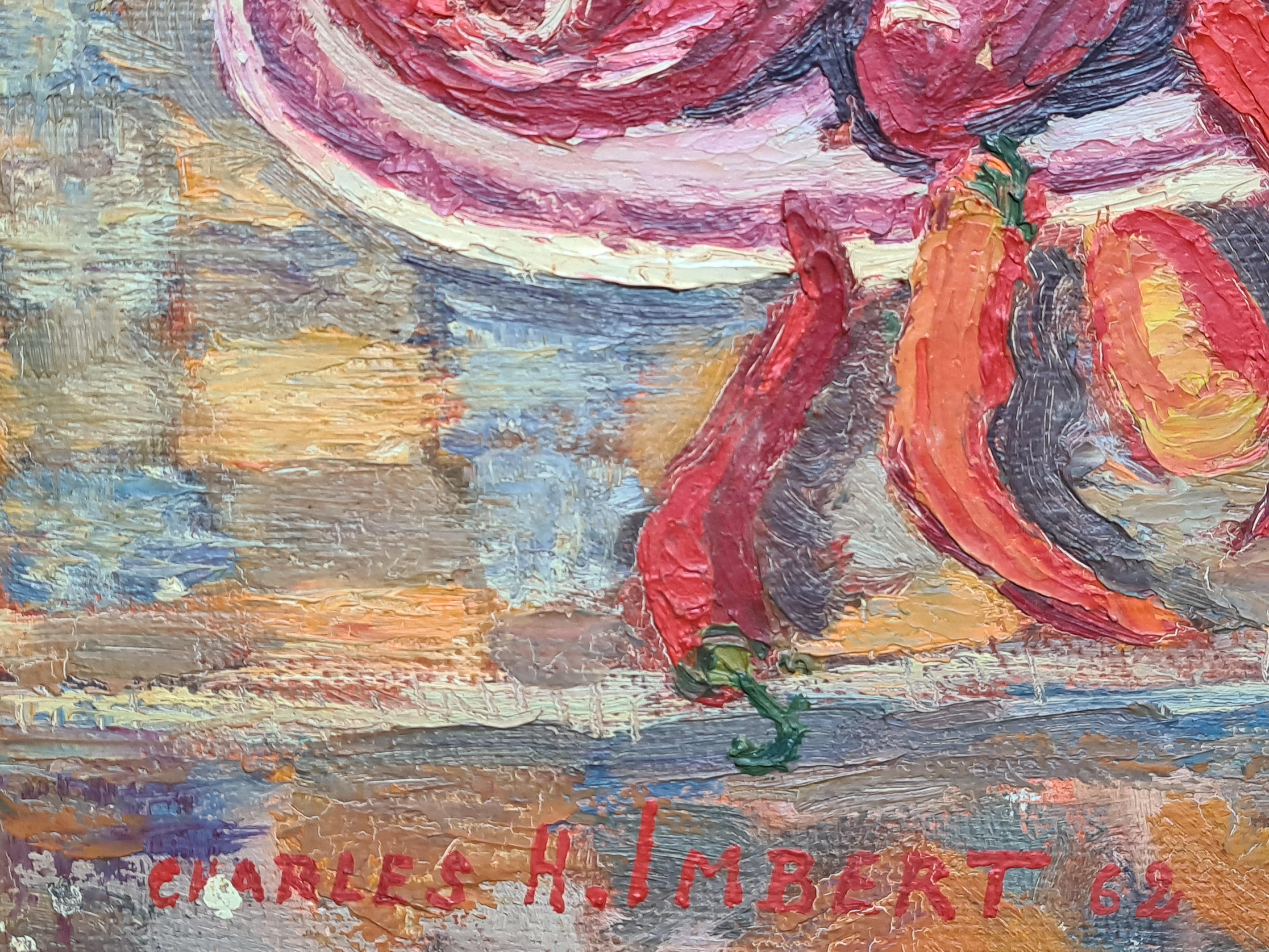 Französisches postimpressionistisches Stillleben, Rote Paprika, Hommage an Cezanne – Painting von Charles H Imbert