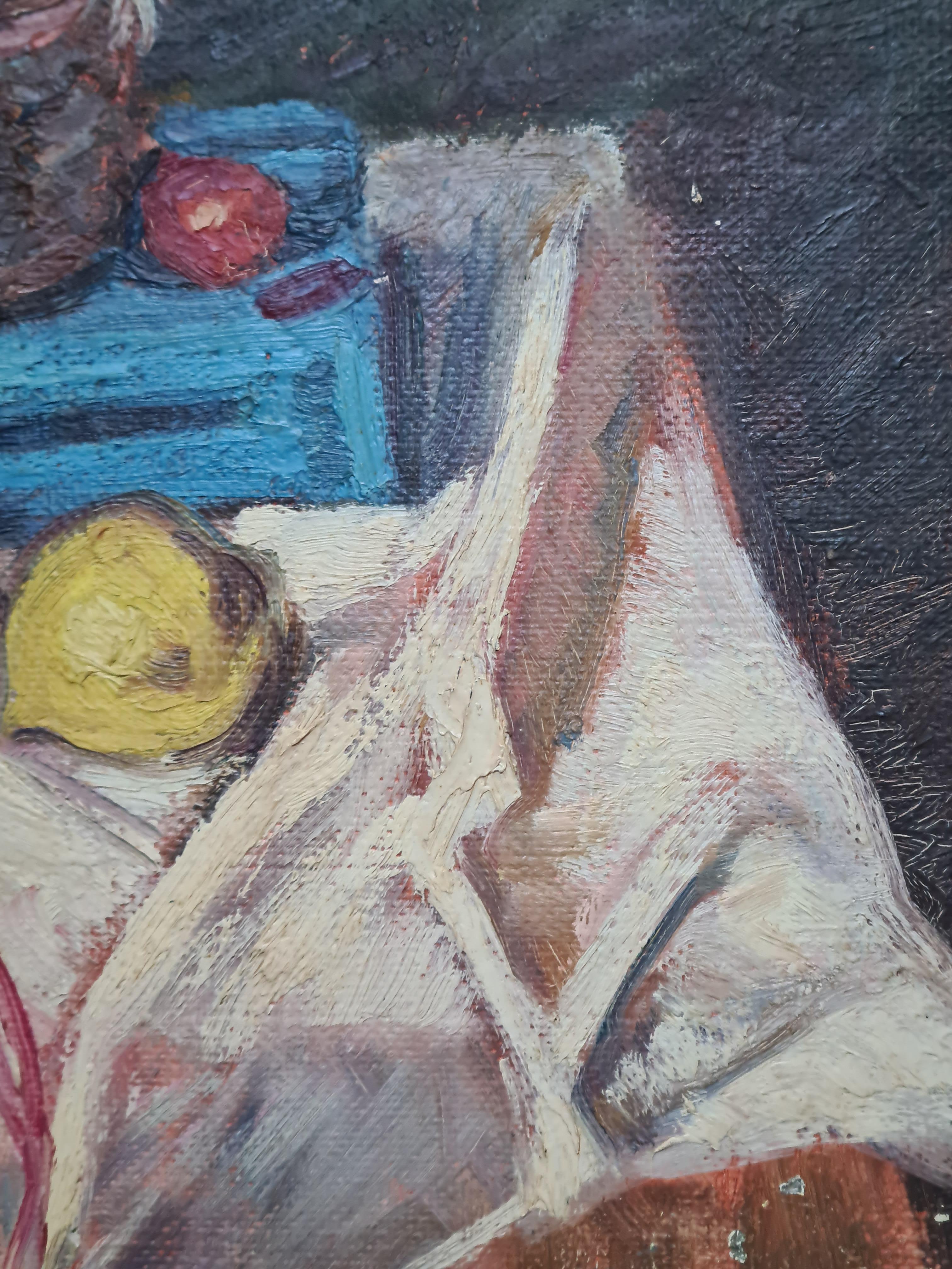 Französisch Mid Century Öl auf Brett Stillleben von Charles Imbert. Das Gemälde ist unten links signiert.

Eine farbenfrohe Küchenszene mit leuchtend roten Paprikaschoten in einer Schale auf einem Tisch, die darauf warten, gegrillt und zubereitet zu