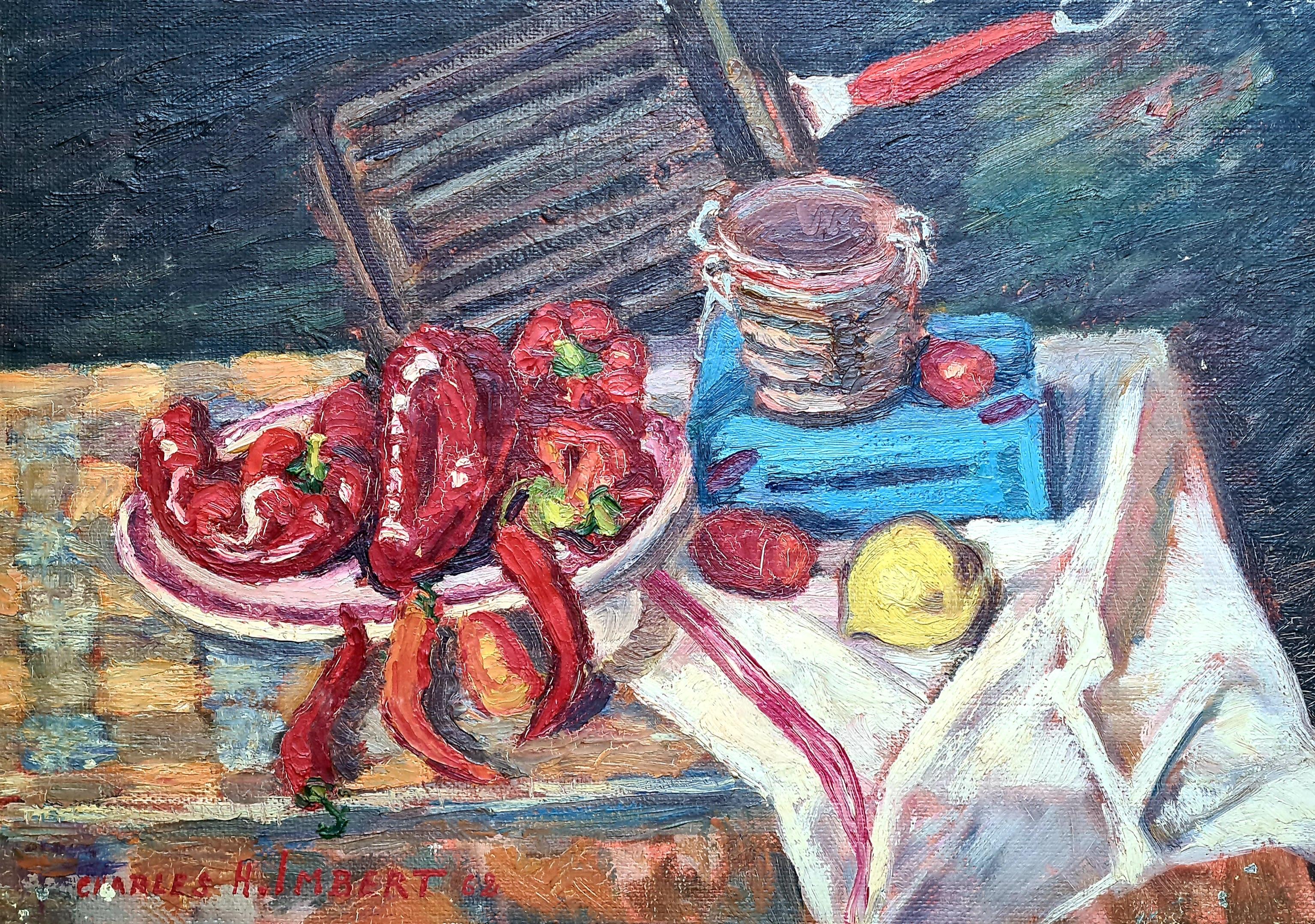 Natura morta post-impressionista francese, peperoni rossi, omaggio a Cezanne