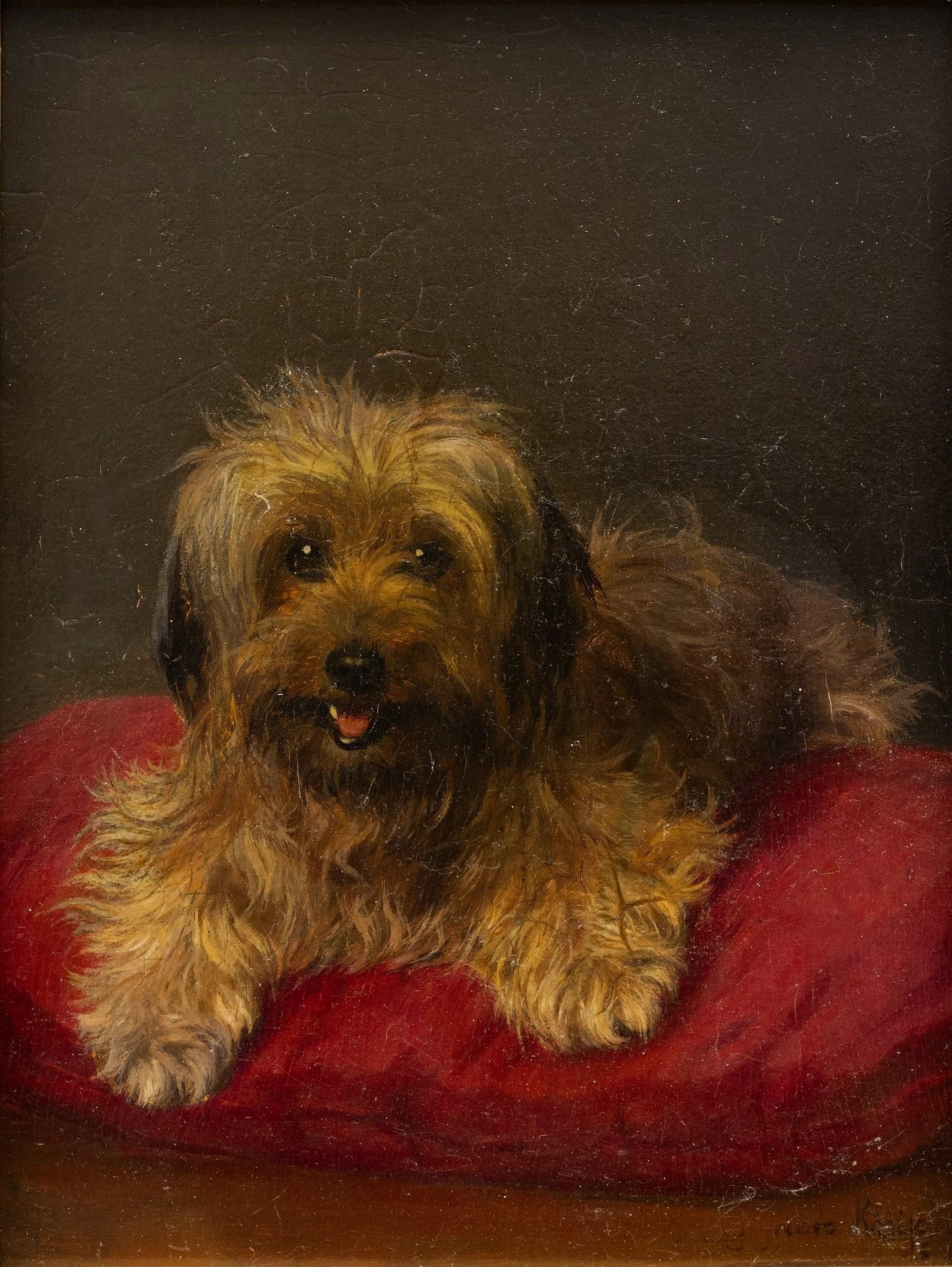 Portrait of a Dog Resting on a Red Cushion Charles Van den Eycken ((1859 - 1923) - Realist Painting by Charles H. Van den Eycken