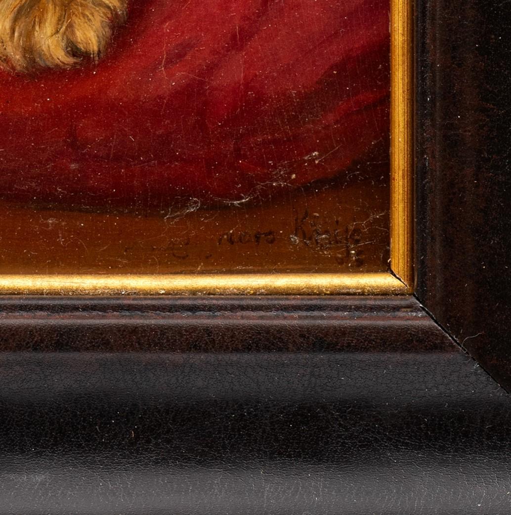 Portrait of a Dog Resting on a Red Cushion Charles Van den Eycken ((1859 - 1923) - Brown Animal Painting by Charles H. Van den Eycken