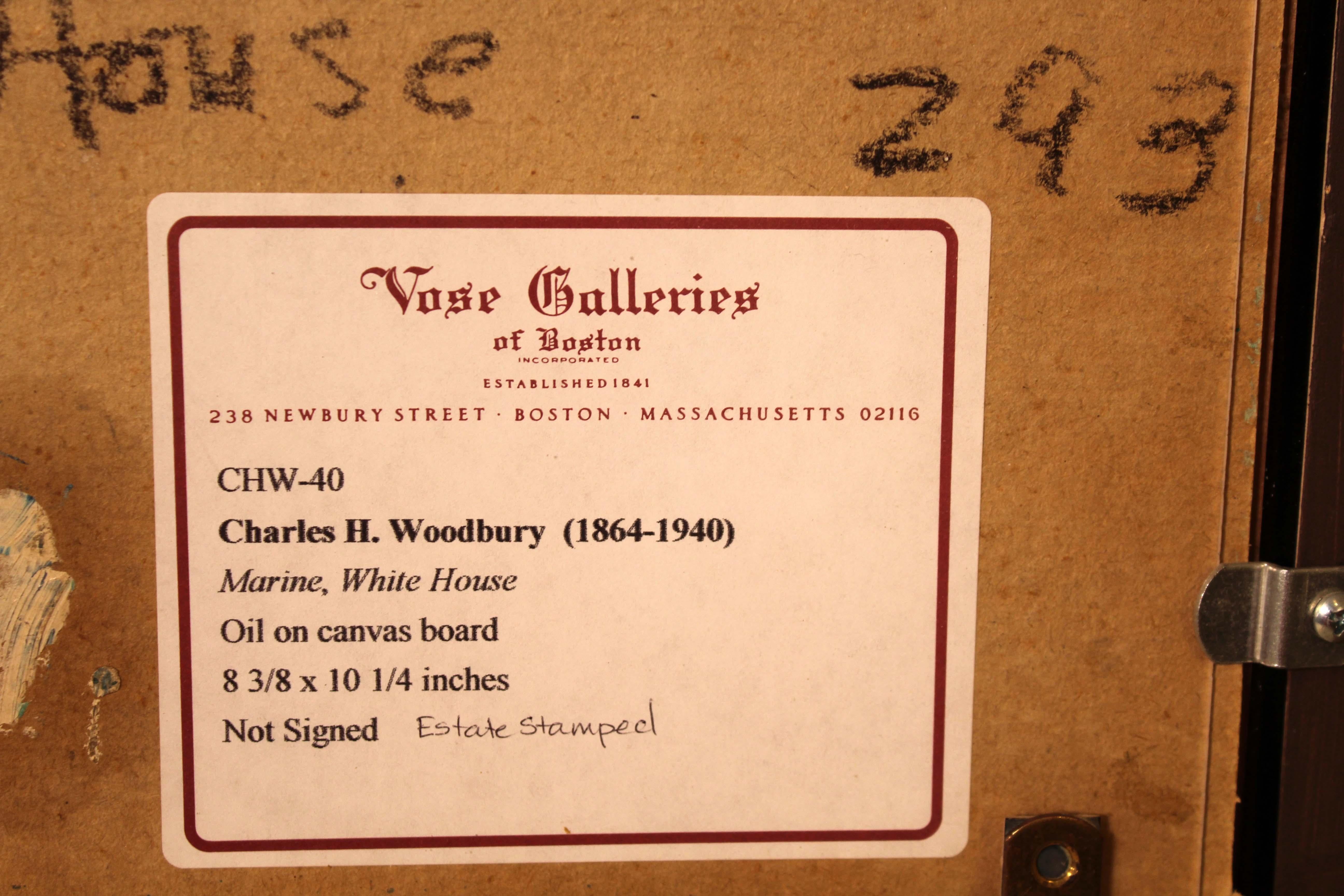 Charles H. Woodbury Marine White House Olio su tavola con timbro della proprietà CHW-40 Incorniciato in vendita 5