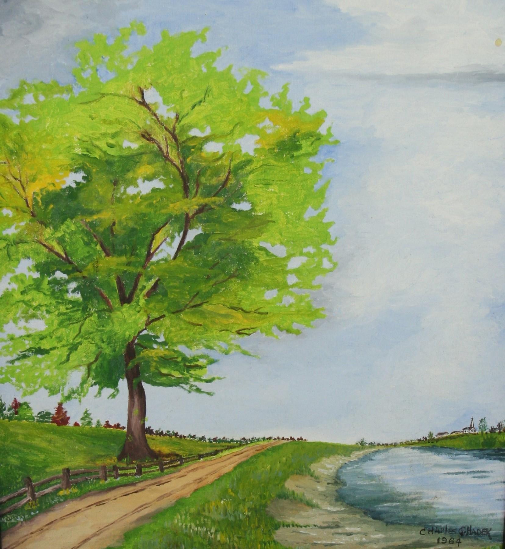 Antique American oil Landscape Road To Church 1964 - Gray Landscape Painting by Charles Hadek