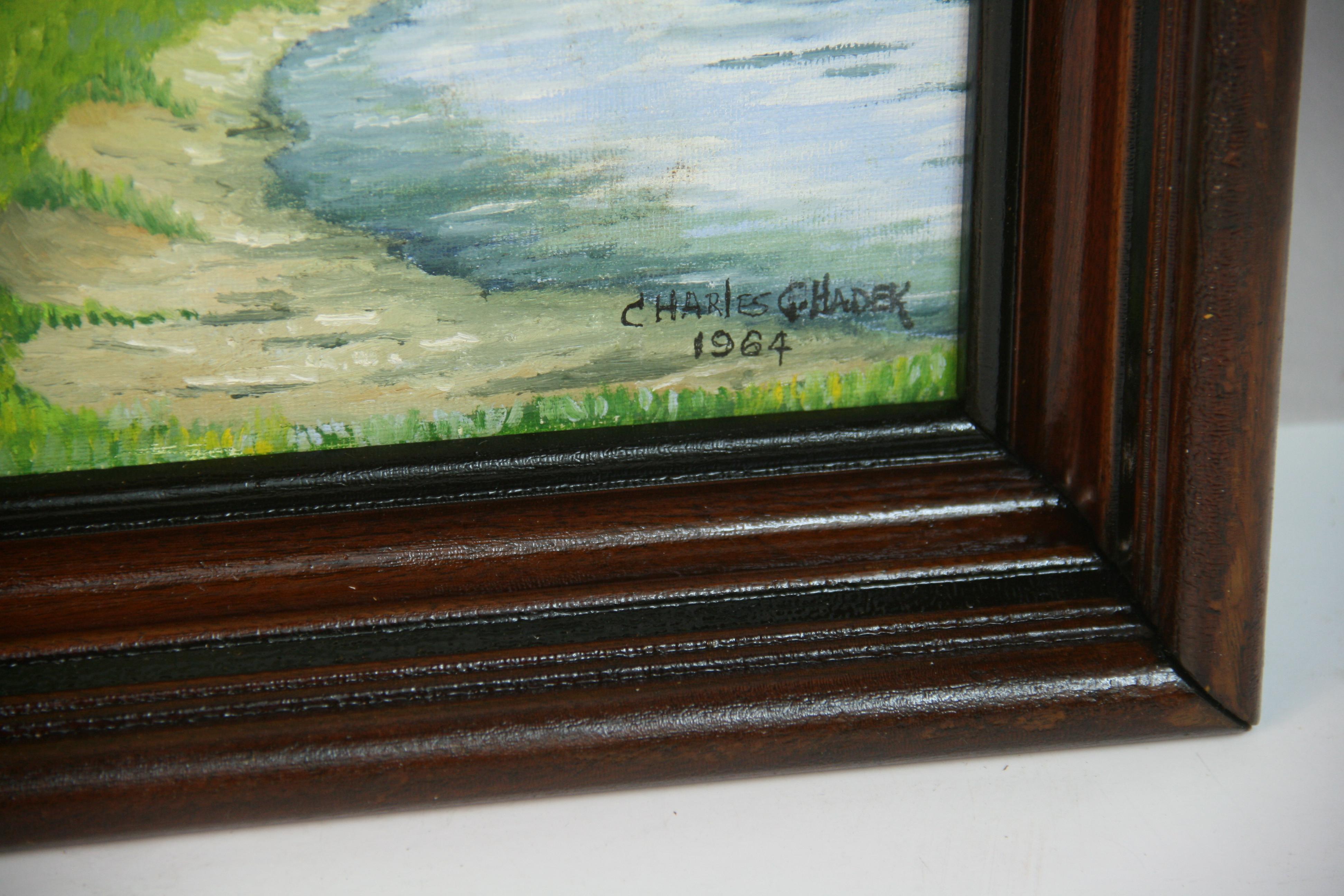 Antique American oil Landscape Road To Church 1964 For Sale 1