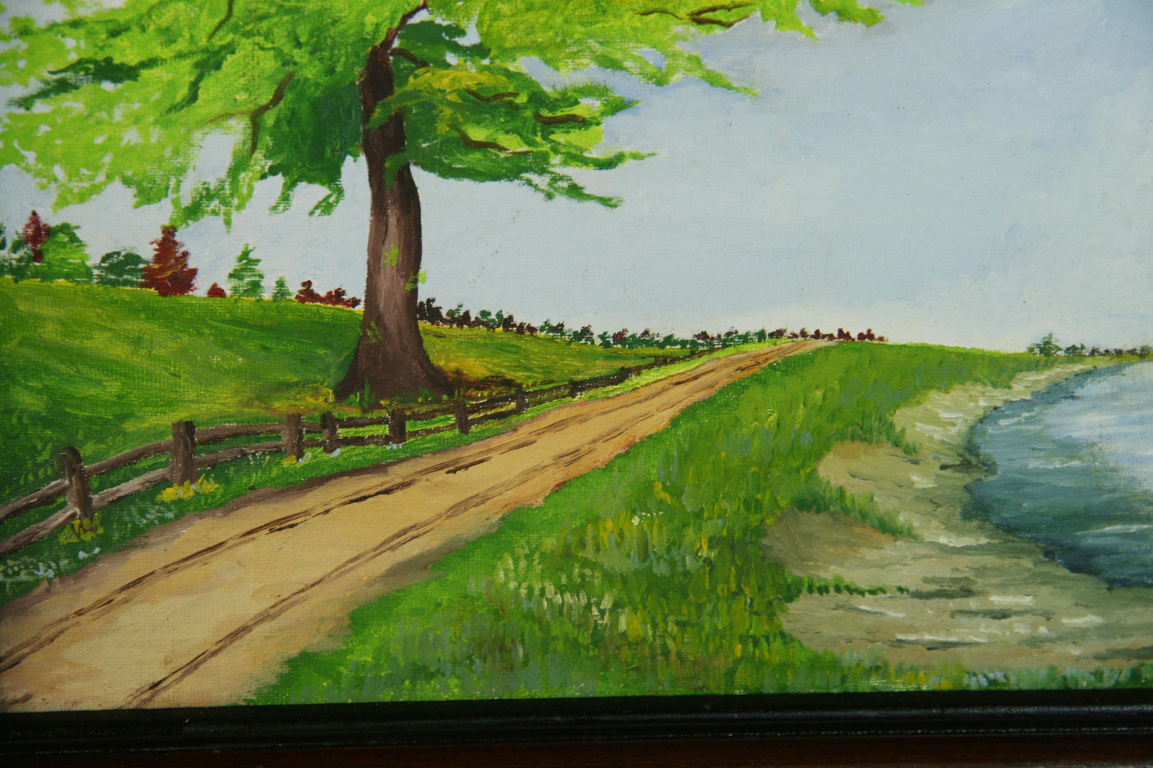 Antique American oil Landscape Road To Church 1964 For Sale 2