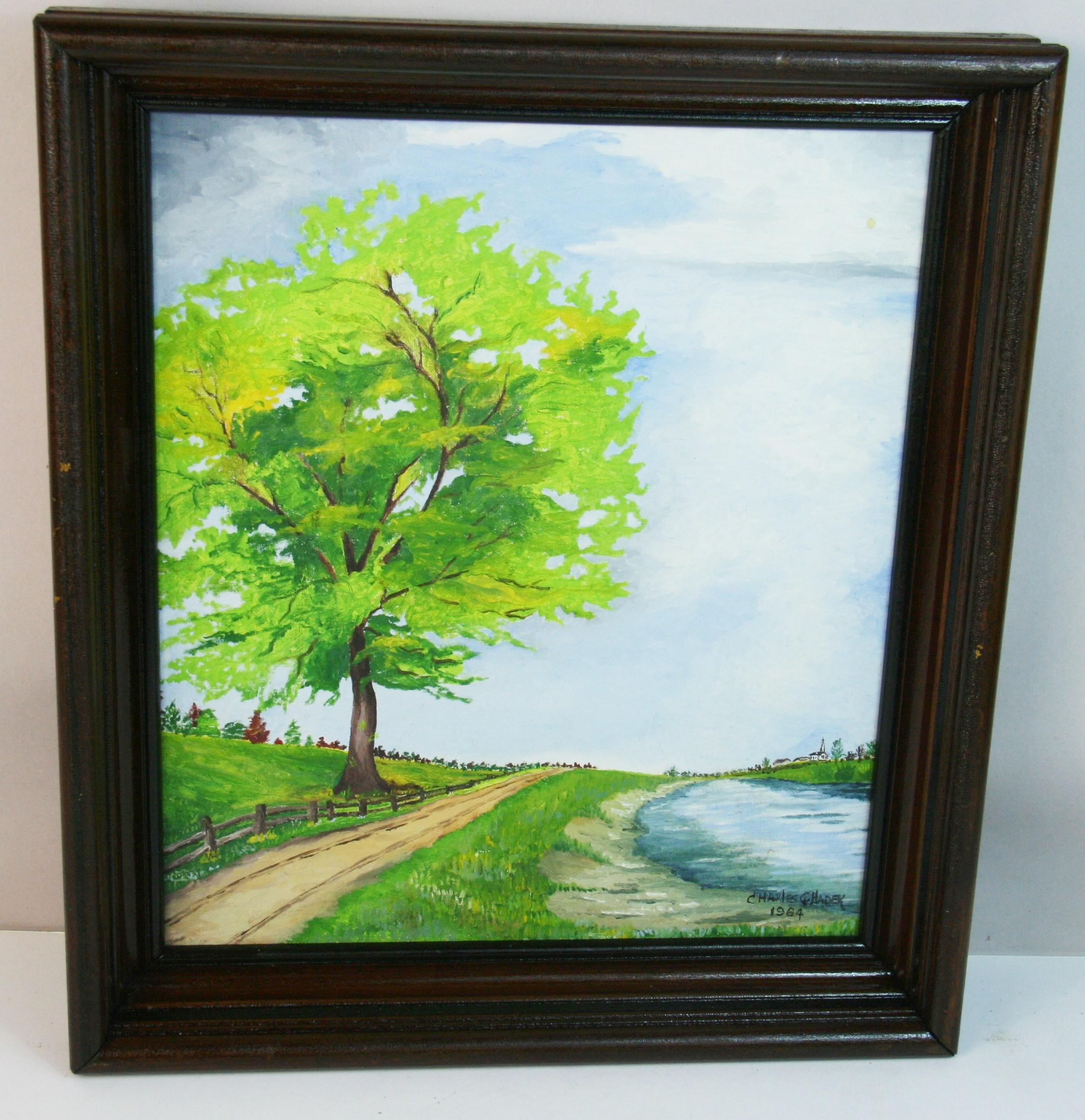 Charles Hadek Landscape Painting - Antique American Oil Painting, Landscape Road to Church, Signed, 1964