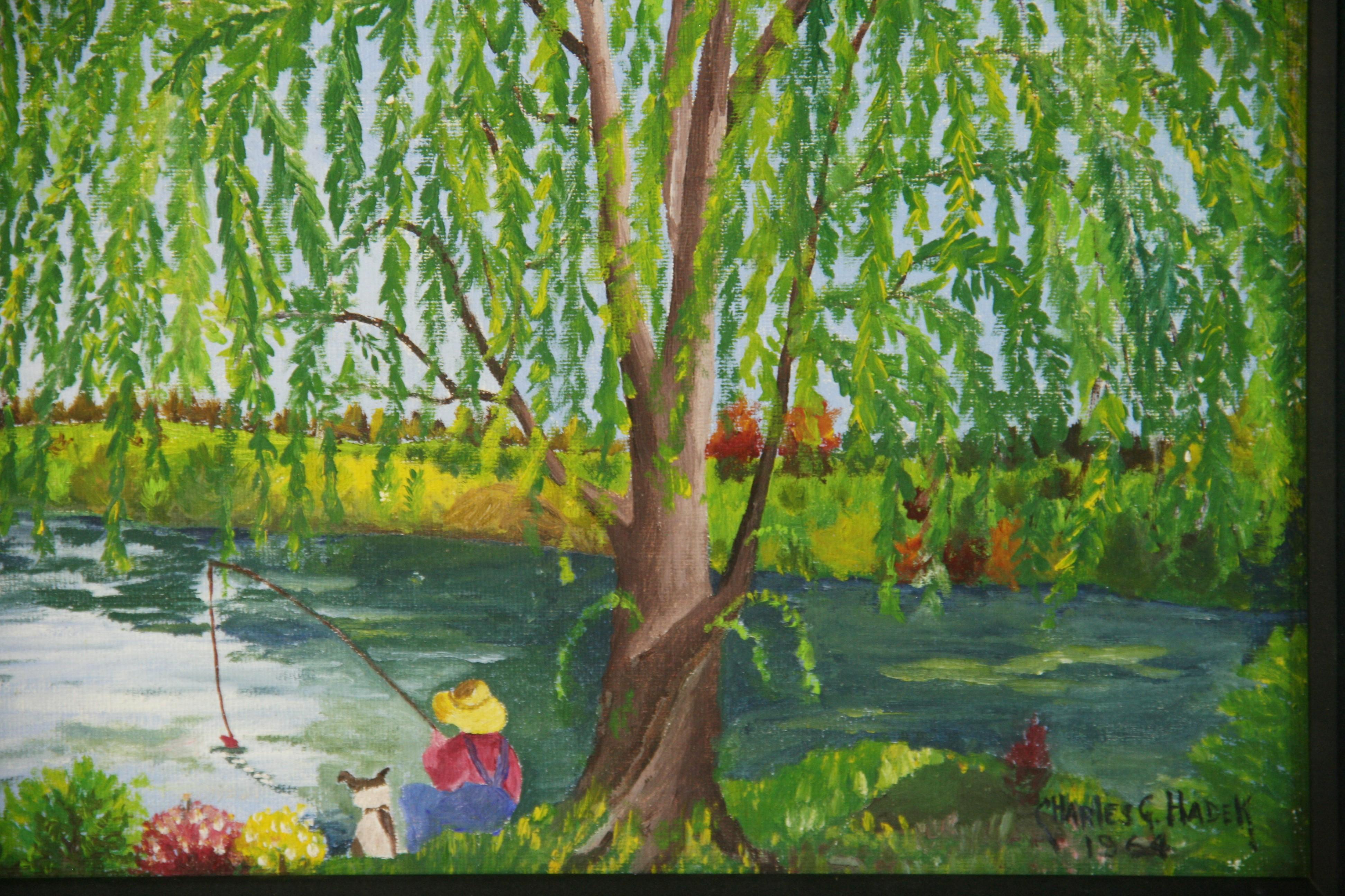 Vintage Giovane ragazzo con cane che pesca sotto il salice dipinto 1964 - Painting di Charles Hadek