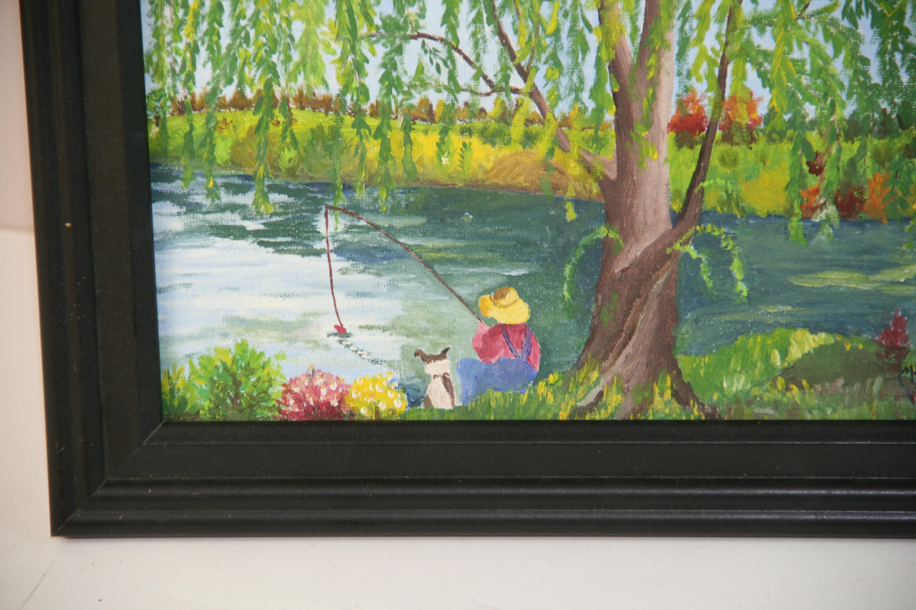 Vintage Giovane ragazzo con cane che pesca sotto il salice dipinto 1964 - Figurative Painting Grigio di Charles Hadek