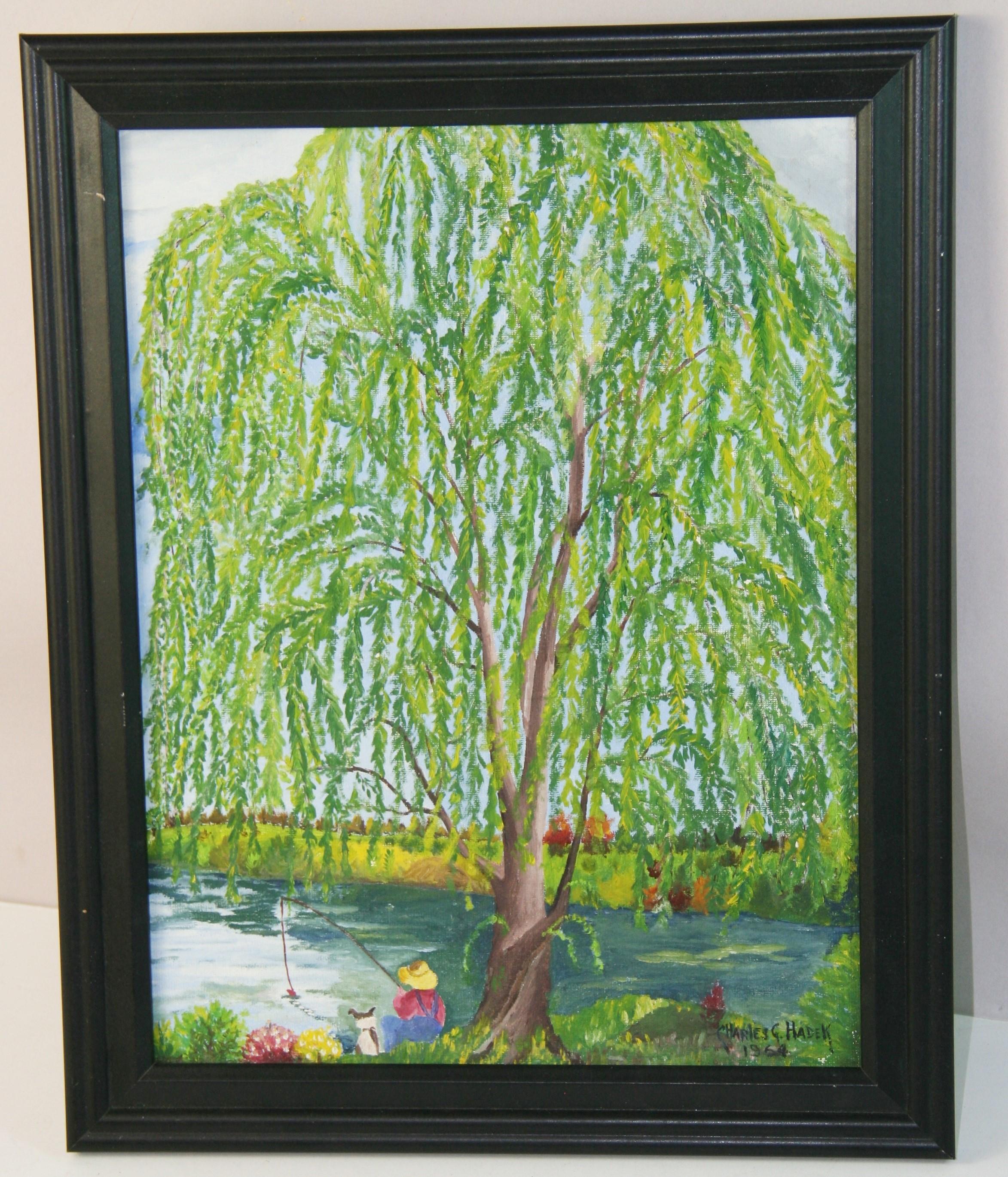 Vintage Young Boy with Dog Fishing Under the Willow Tree Painting 1964