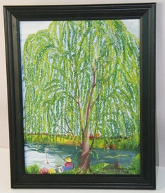 Vintage Young Boy with Dog Fishing Under the Willow Tree Painting 1964