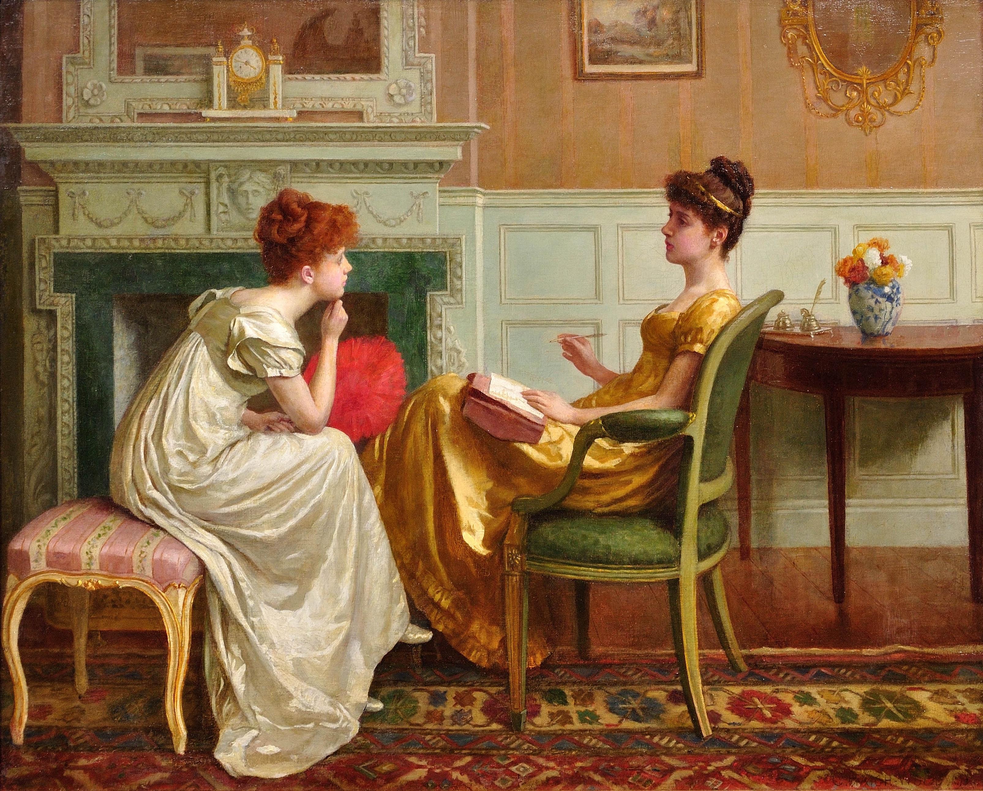 How long will it take him to propose to me? 1891. Victorian England Parlor Scene - Painting by Charles Haigh-Wood