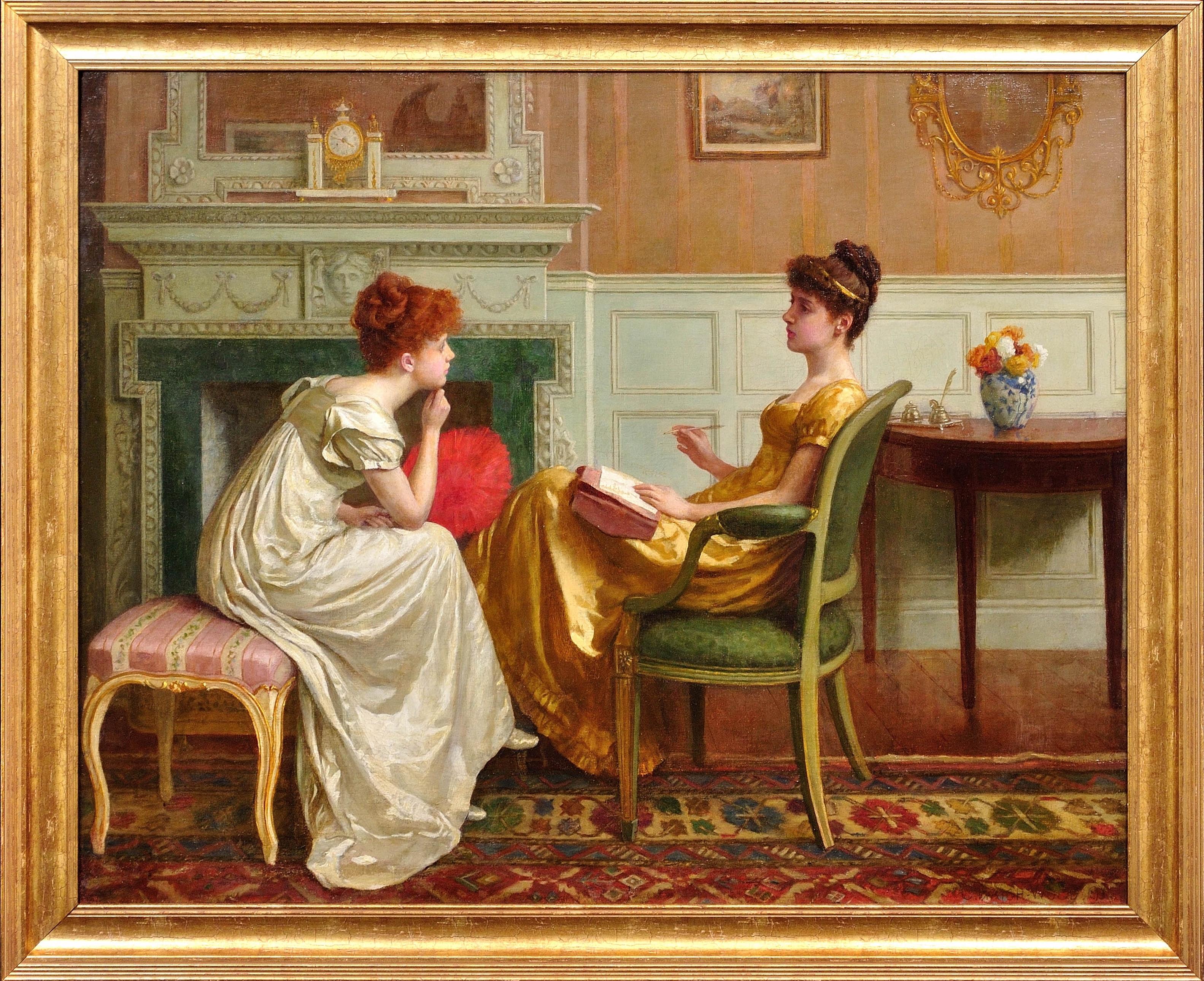 Charles Haigh-Wood Figurative Painting - How long will it take him to propose to me? 1891. Victorian England Parlor Scene