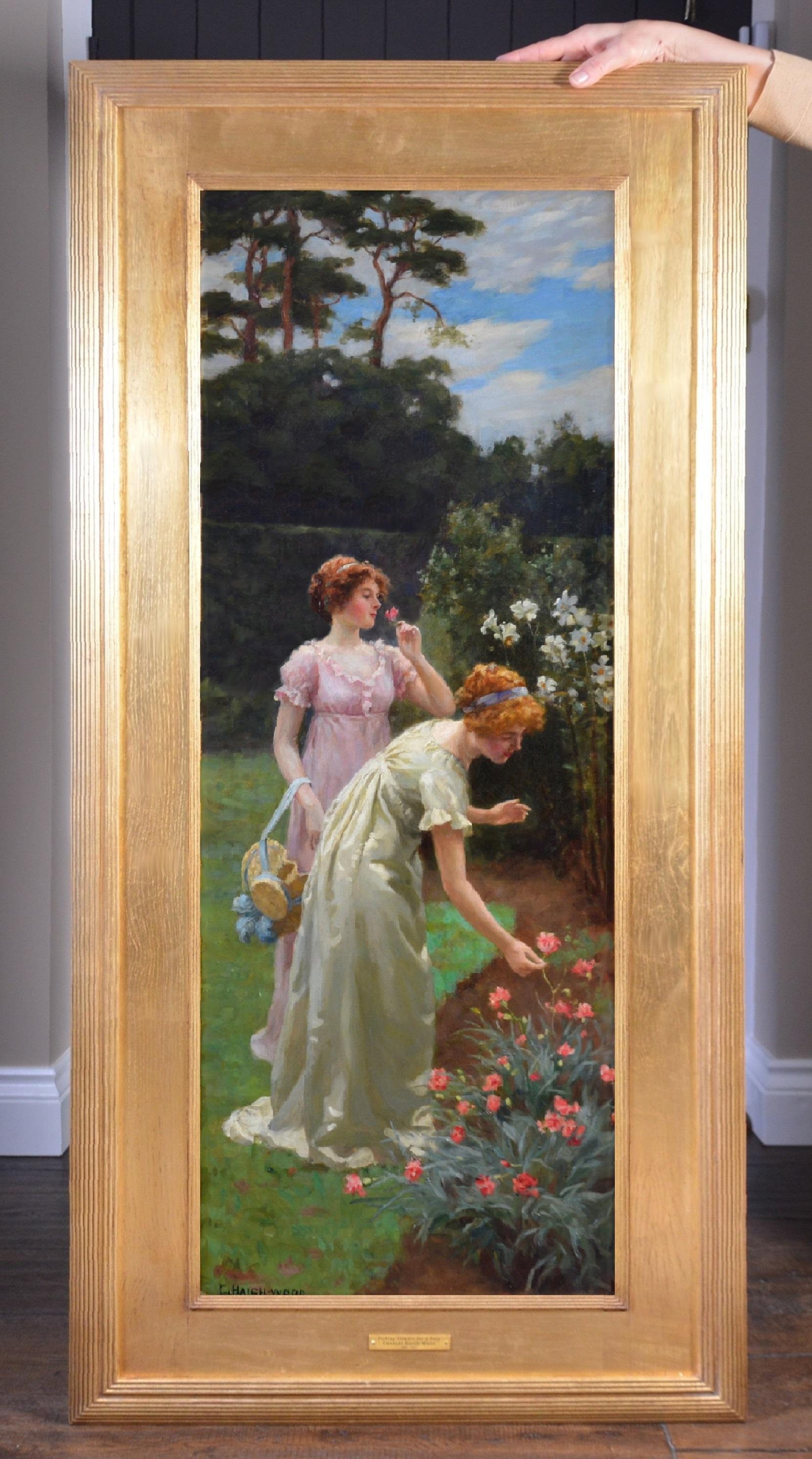Charles Haigh-Wood Animal Painting - Picking Flowers for a Posy - 19th Century Oil Painting of English Society Girls