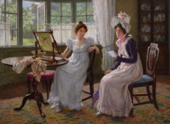 19th Century genre oil painting of two women in a country house interior