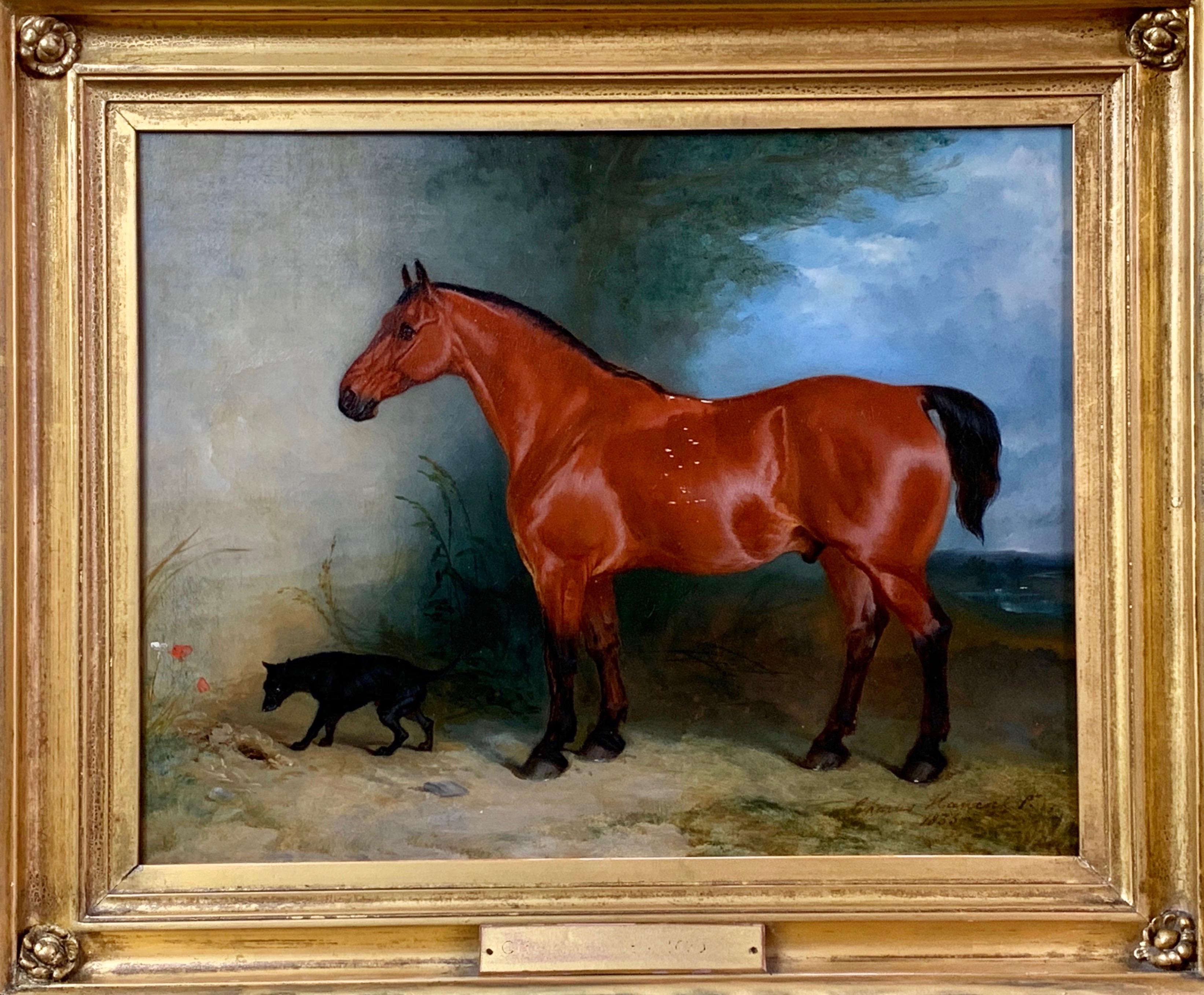19th century oil on canvas a Bay Horse and a Terrier in an Landscape - Painting by Charles hancock