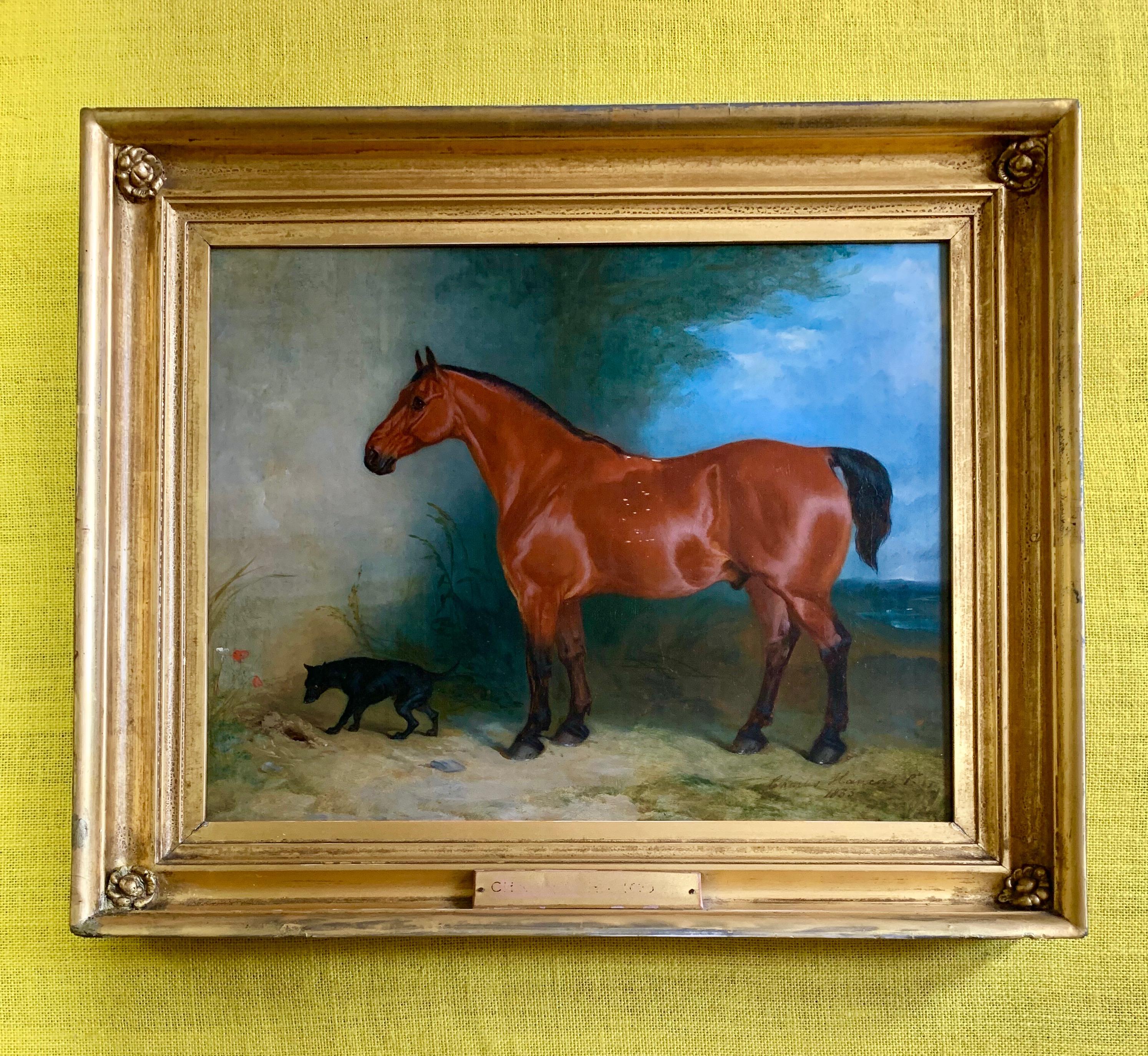 19th century oil on canvas a Bay Horse and a Terrier in an Landscape - Gray Animal Painting by Charles hancock