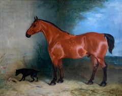 19th century oil on canvas a Bay Horse and a Terrier in an Landscape