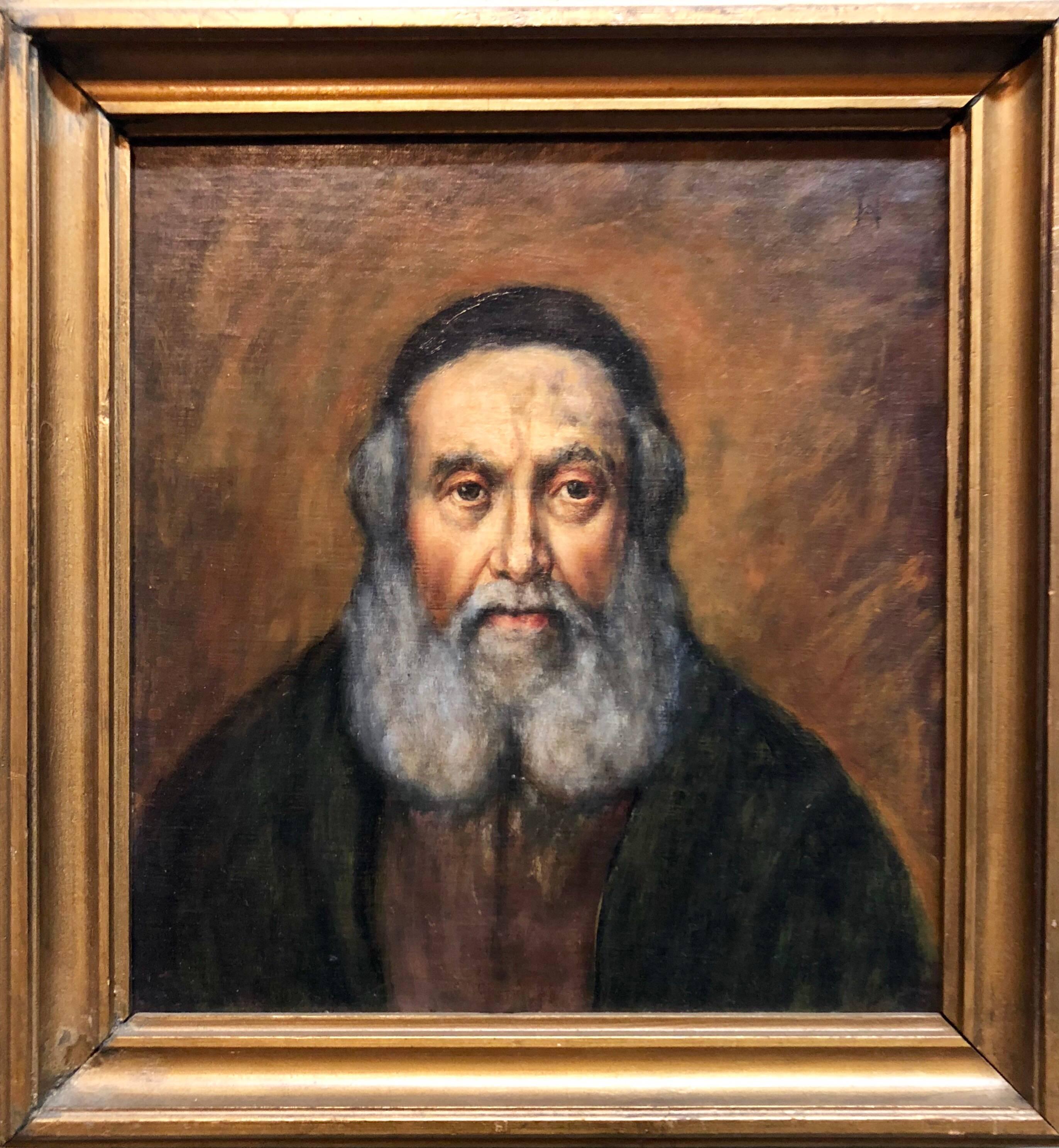 Judaica "The Rebbe'" European Hasidic Rabbi Portrait Oil Painting