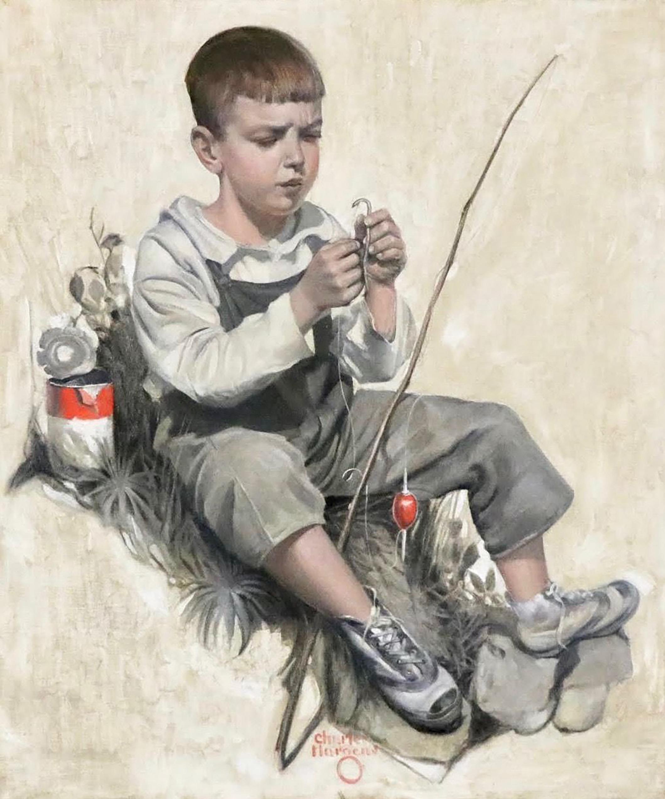 Charles Hargens - Boy Fishing For Sale at 1stDibs  fishing painting,  charles hargens, fishing paintings