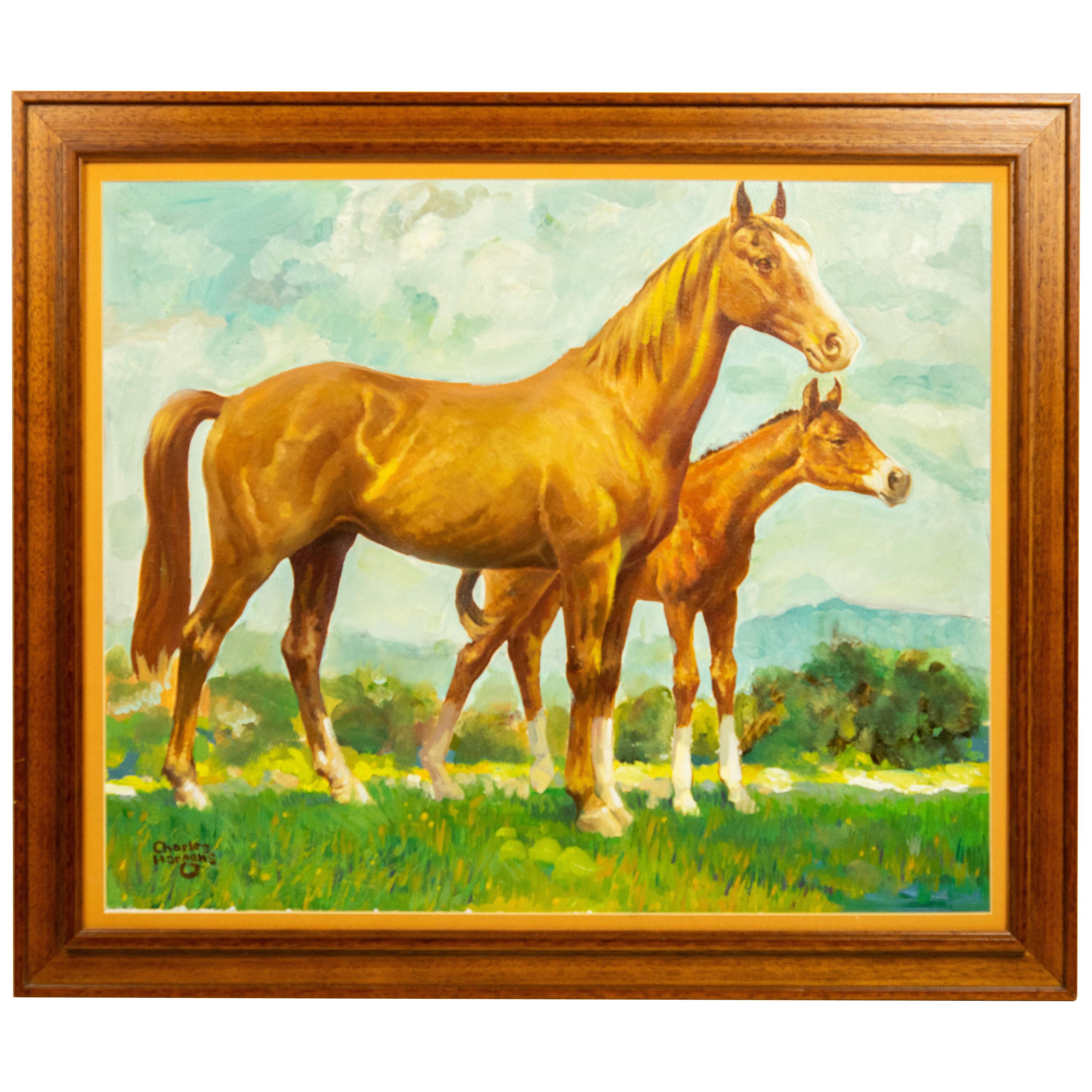 Charles Hargens Mare and Foal Horse Painting on Board For Sale