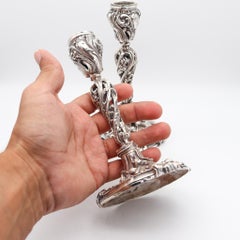 Charles Harleux 1895 Paris Art Nouveau Coppia di candelieri in argento sterling