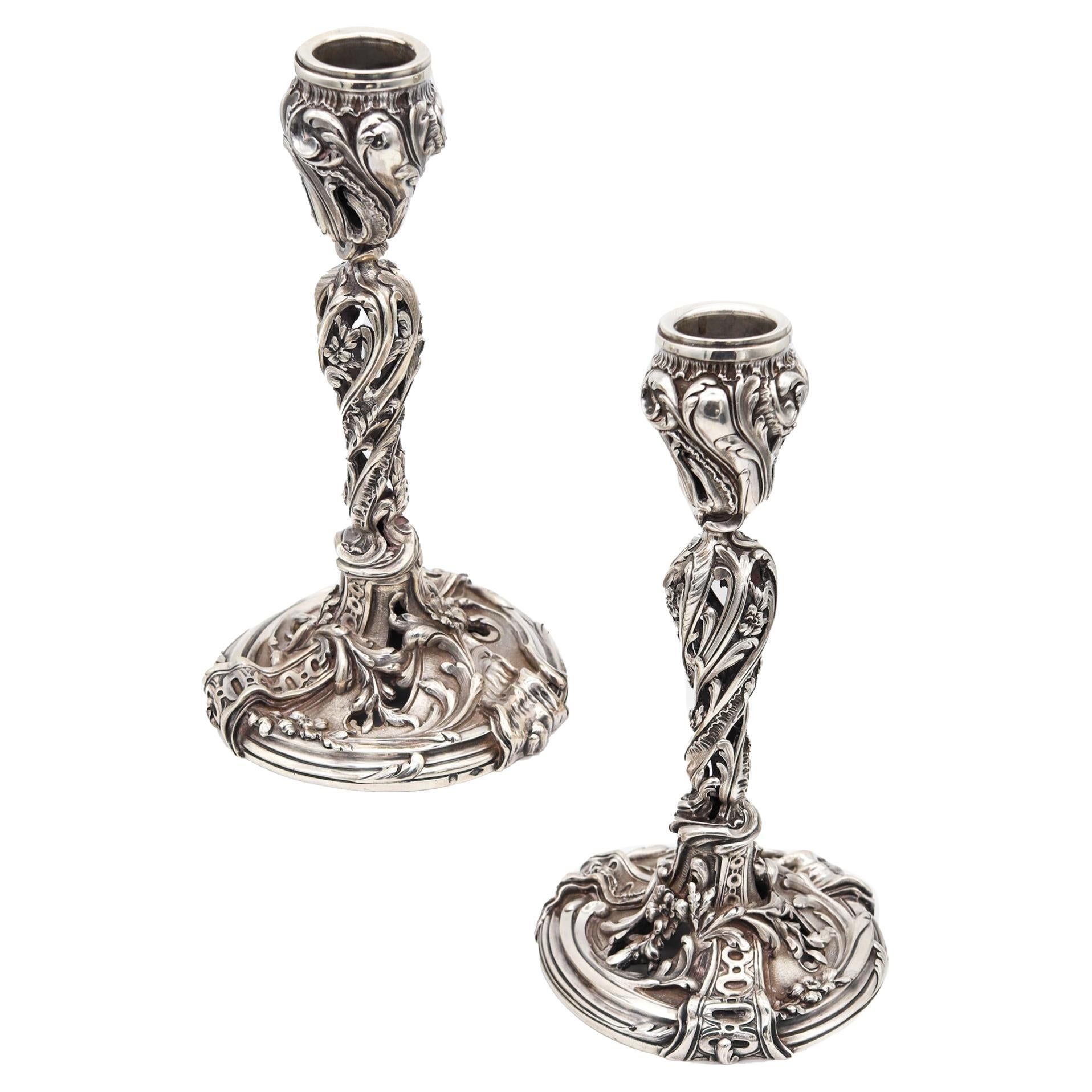 Charles Harleux 1895 Paris Art Nouveau Pair of Candlestick in Sterling Silver