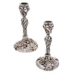 Charles Harleux 1895 Paris Art Nouveau Pair of Candlestick in Sterling Silver