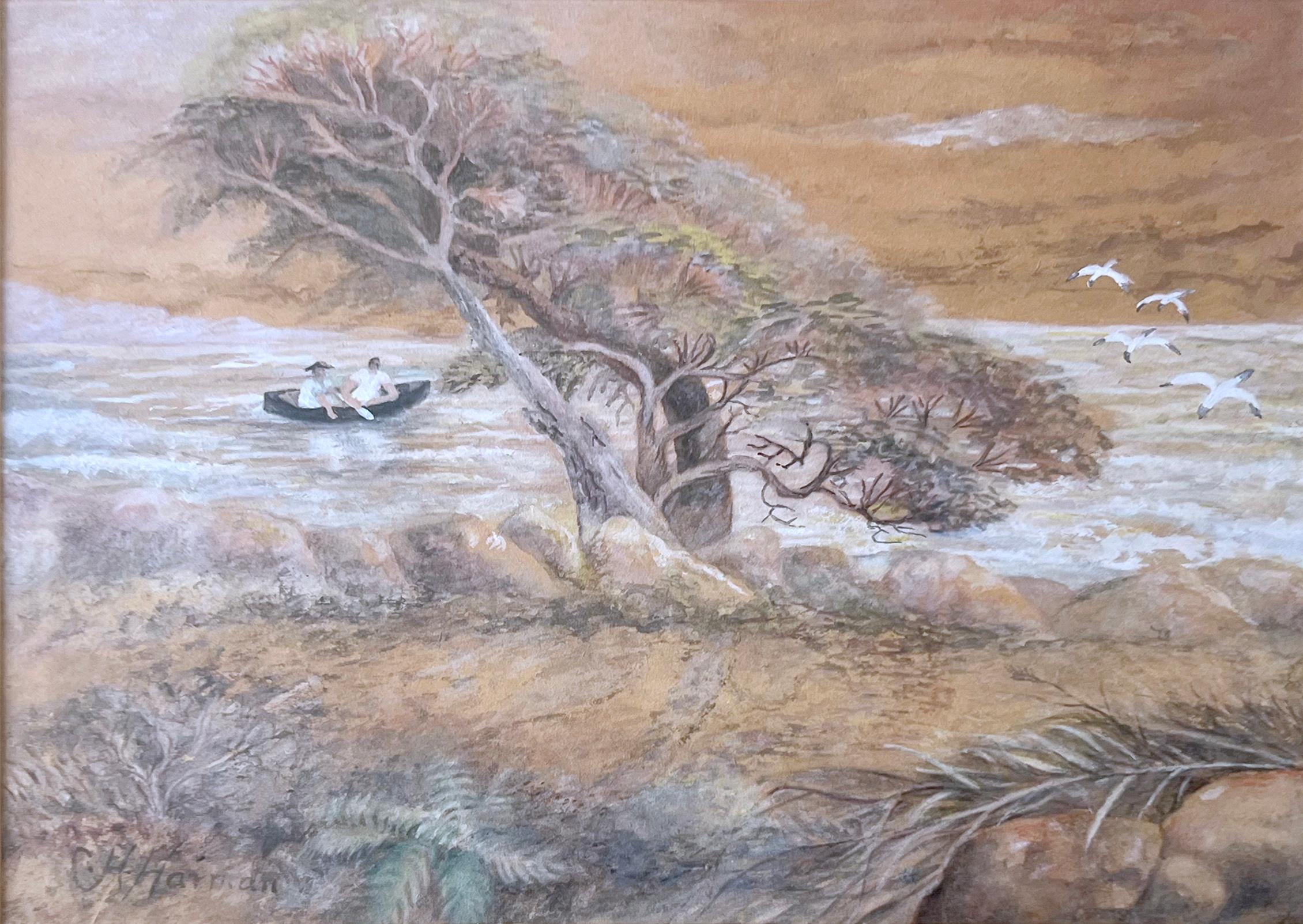Boys in a Boat „The Admiral and 1st Mate“ Going Down the River von Charles Harmon im Angebot 1