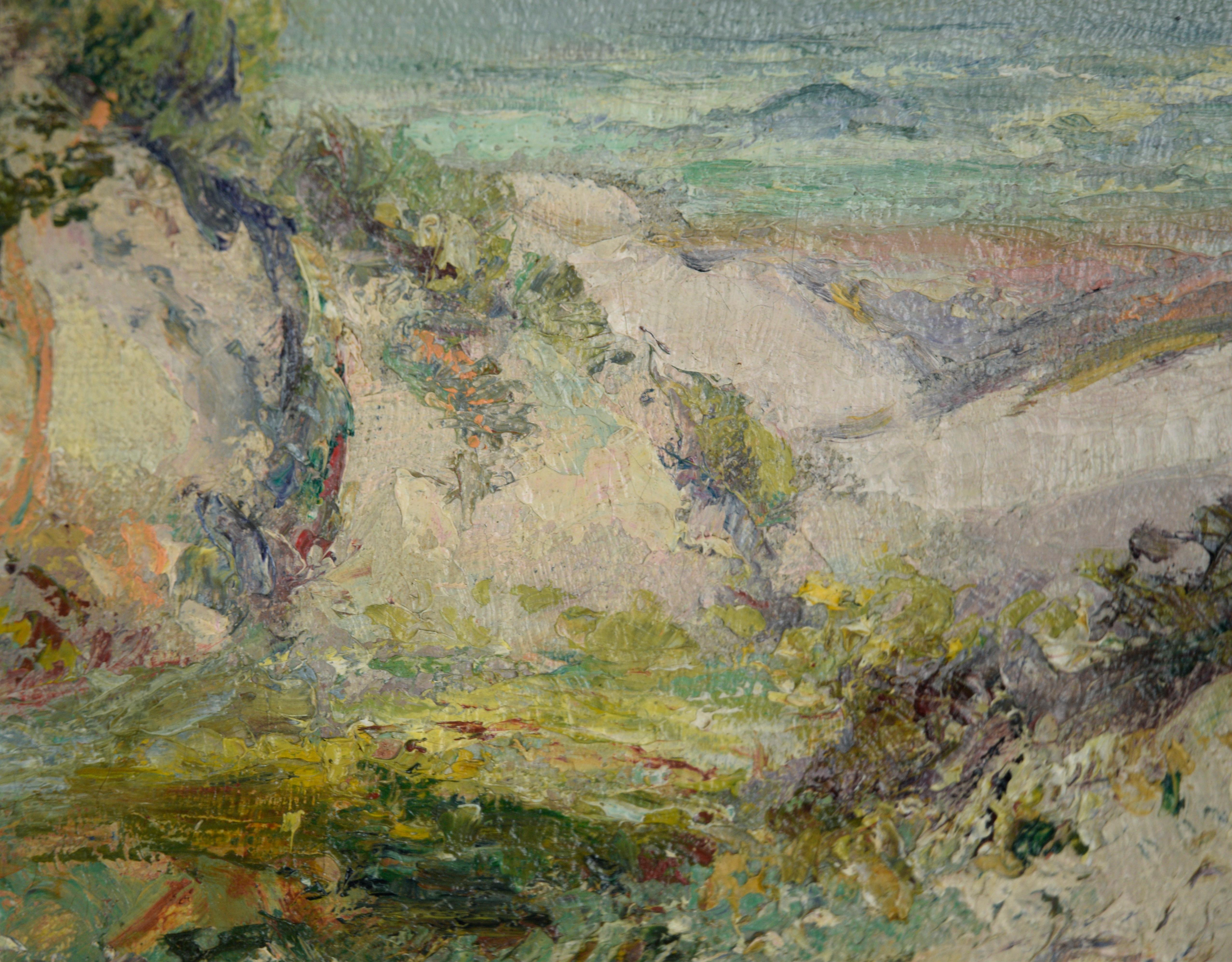 Carmel by the Sea - Beach, California Coastline 1927 Oil on Linen

Seascape oil painting of the Carmel coastline by Charles Henry Harmon (American, 1859-1936). Vibrant blue Pacific waves crash along Carmel white sands, with a walk way on the cliffs
