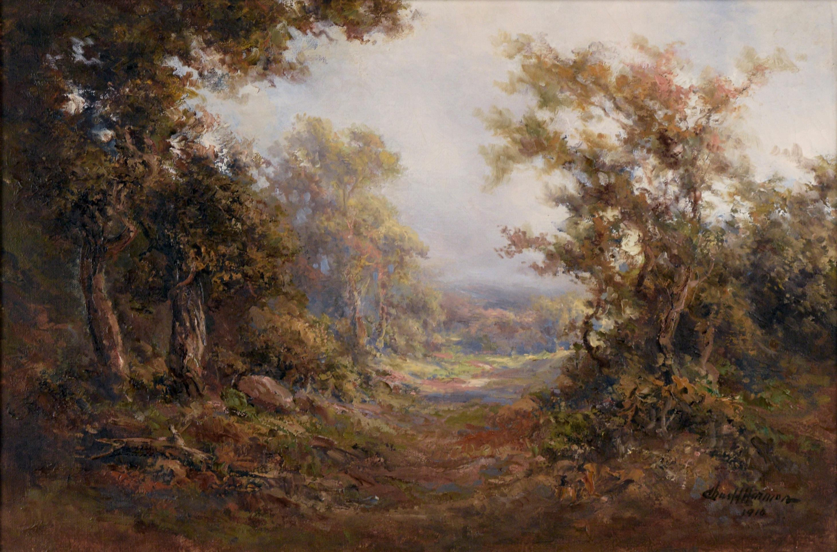 Path Out of the Woods (Le chemin des bois) - Paysage naturaliste à l'huile sur toile - Painting de Charles Harmon