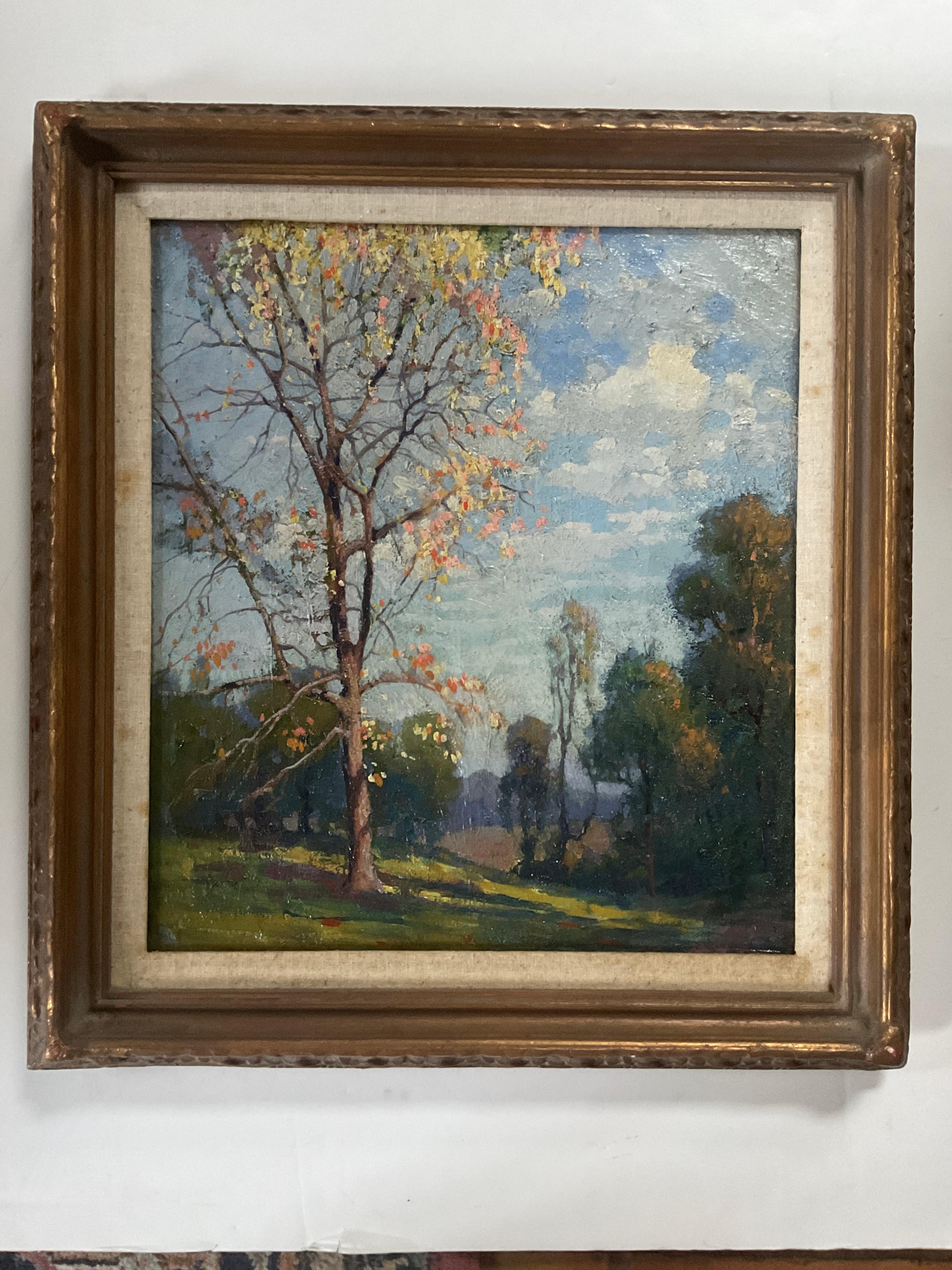 Dies ist ein schönes Ölgemälde auf Leinwand, das Charles Harold Davis zugeschrieben wurde, als ich es vor etwa zehn Jahren kaufte. Sie ist leider nicht unterzeichnet. Die Szene ist ein Blick durch eine offene Landschaft an einem frühen Herbsttag.
