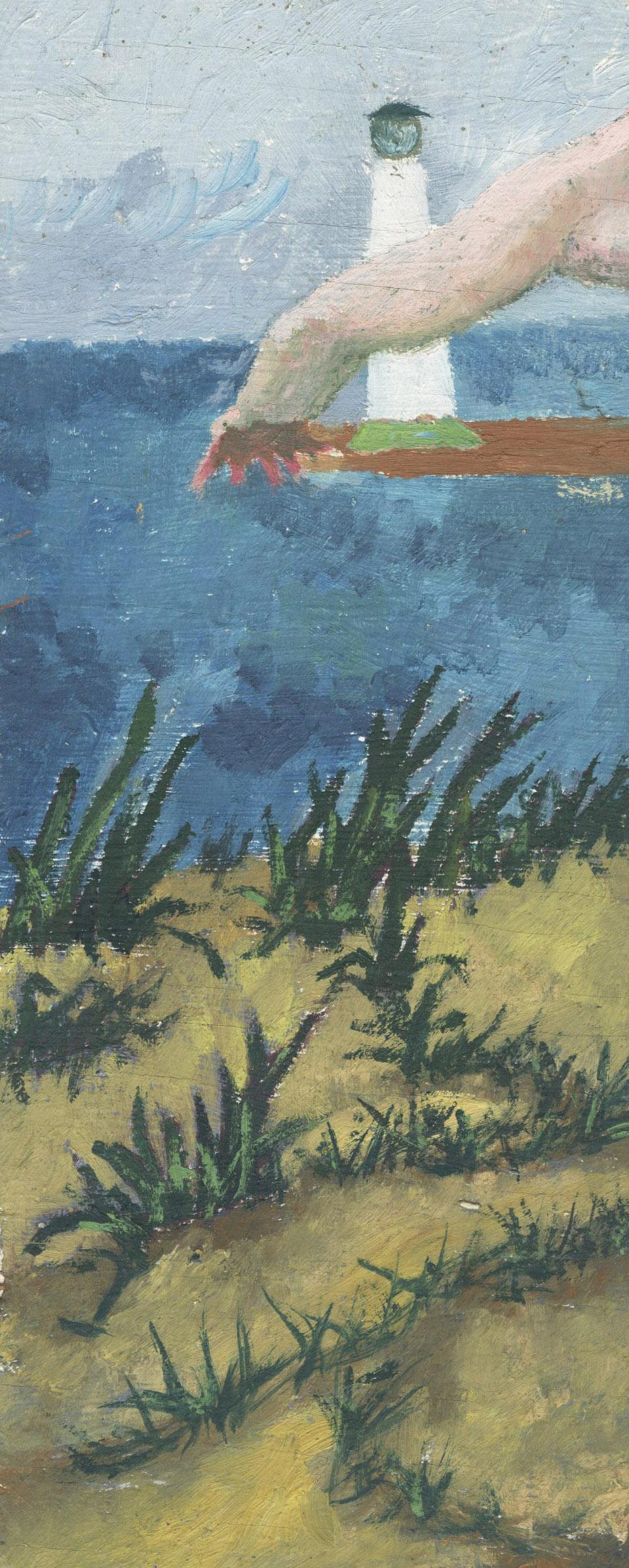 Untitled (Nude in front of light house, Lake Erie) - Gray Nude Painting by Charles Harris AKA Beni Kosh