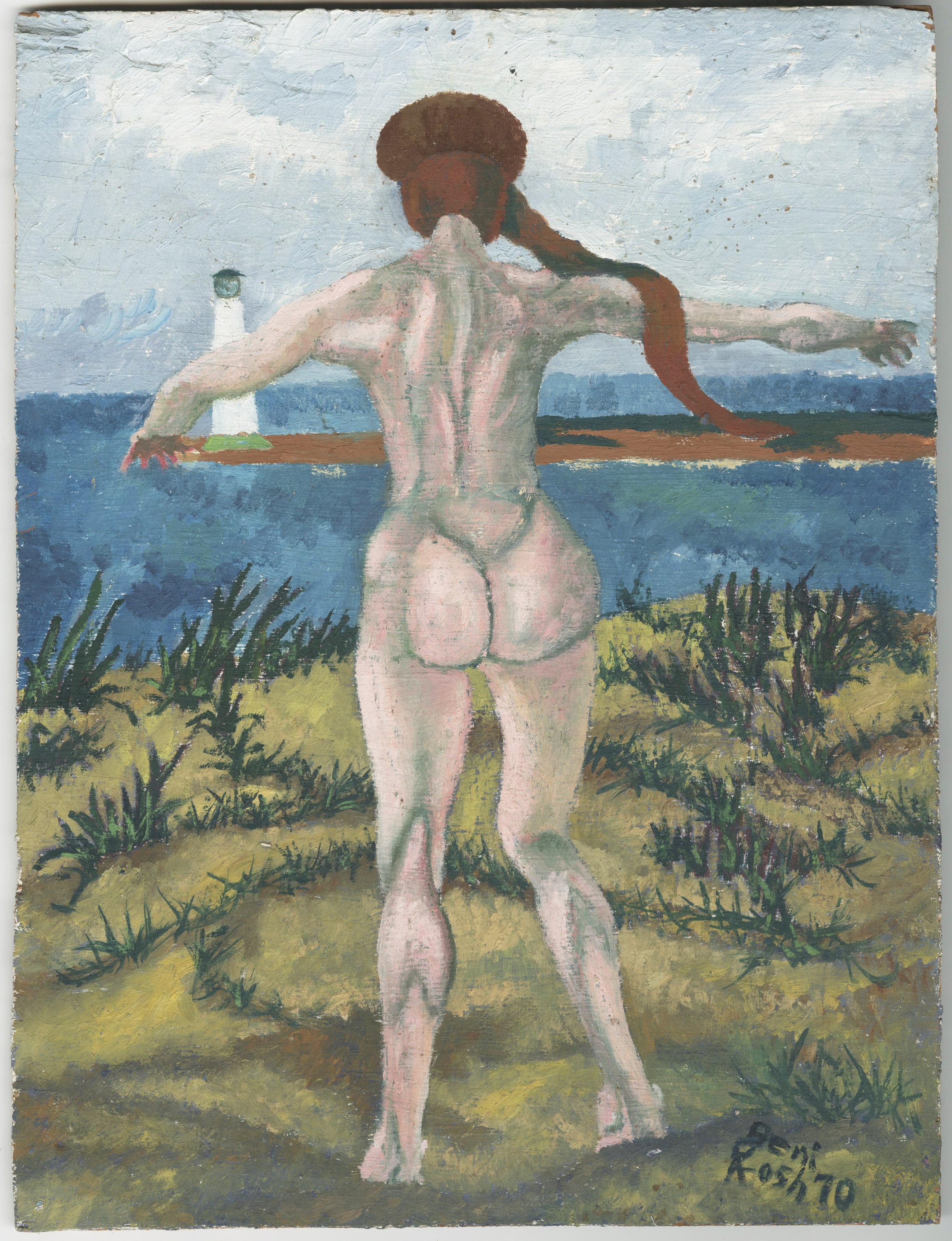 Charles Harris AKA Beni Kosh Nude Painting - Untitled (Nude in front of light house, Lake Erie)
