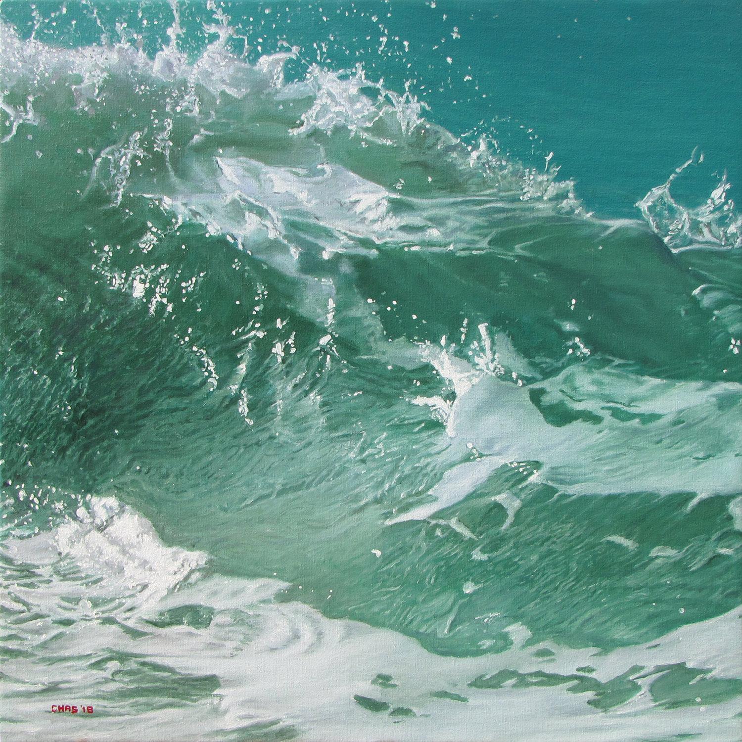 Charles Hartley Landscape Painting - ocean landscape, "Green Wave on a Teal Sea" (Photorealism) 