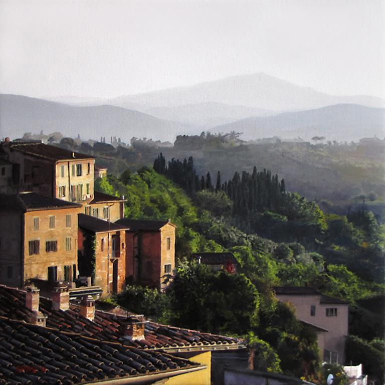 Charles Hartley Landscape Painting - Photorealist landscape painting of Sienna, Italy, "Sienna Dusk", oil on linen