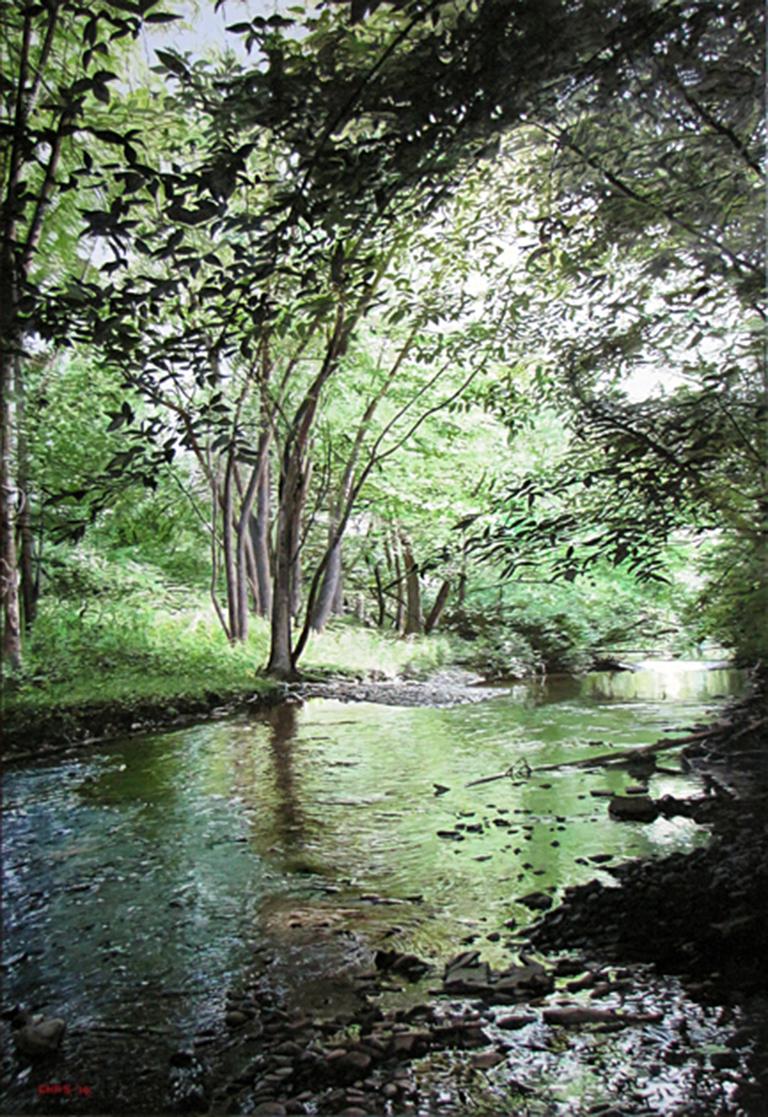 Charles Hartley Landscape Painting - Photorealist oil painting with green and brown, "Woods and Water"