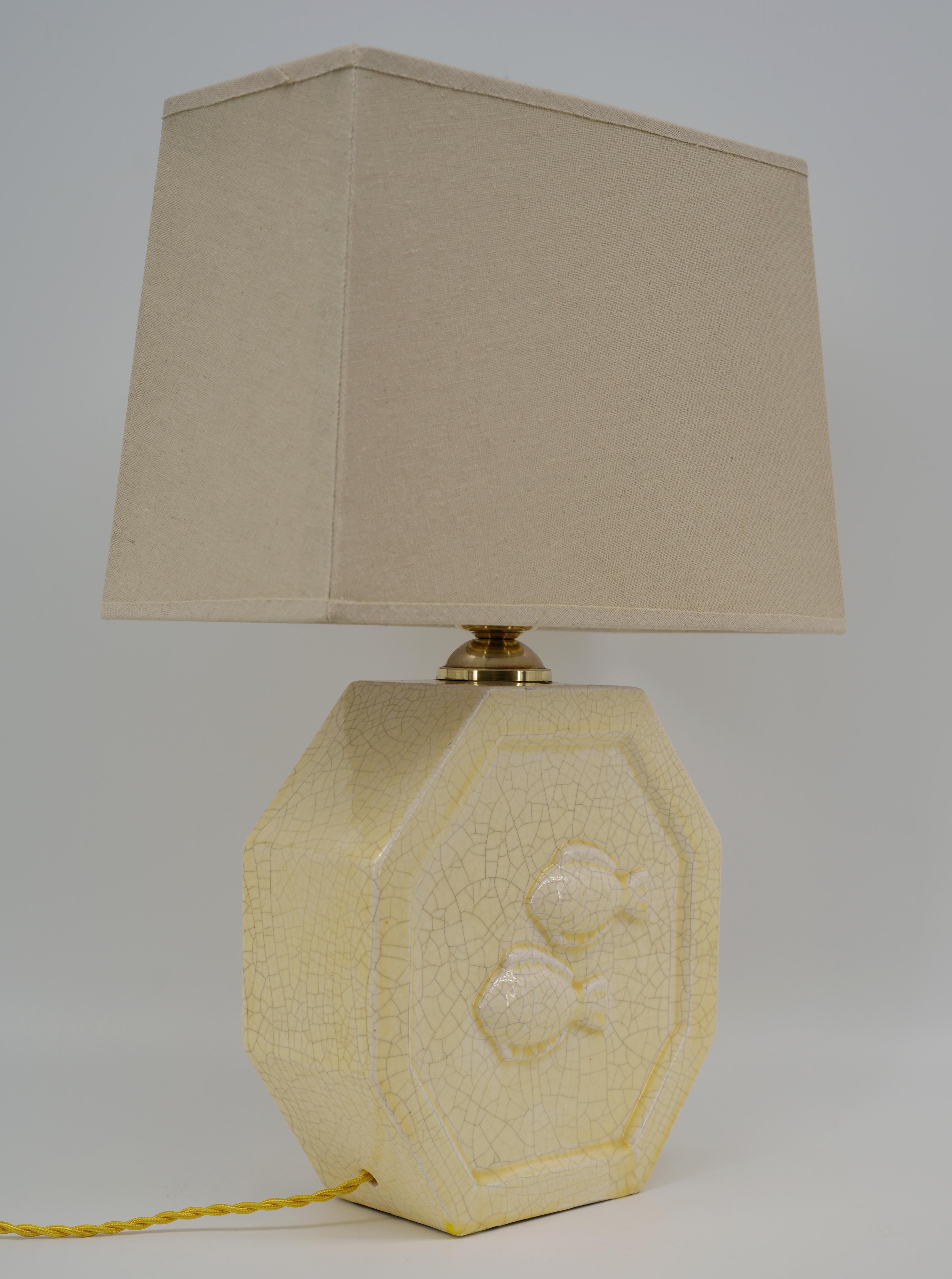 Brass Charles HARVA French Art Deco Crackle Glaze Ceramic Lamp, 1930s For Sale