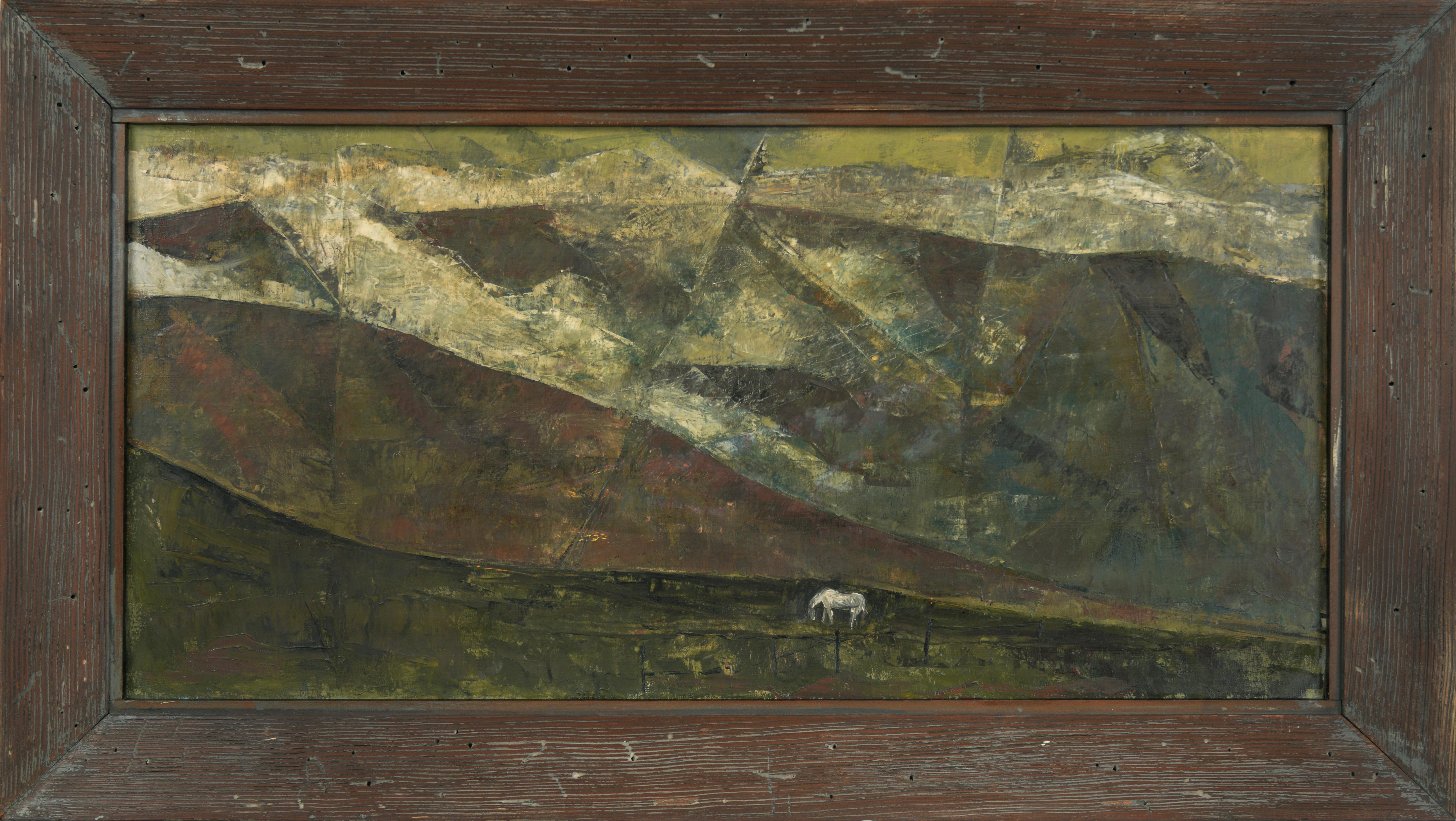 The White Horse – Abstrakte Landschaft im Stil von Charles Heaney

Abstrahiertes Ölgemälde, das ein weißes Pferd zeigt. Im Stil von Charles Edward Heaney (Amerikaner, 1897-1981) gemalt und ihm zugeschrieben.  Ein weißes Pferd grast allein auf einer