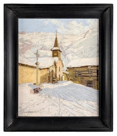 Alpine Winter Snow Landscape with Church, Oil on Panel