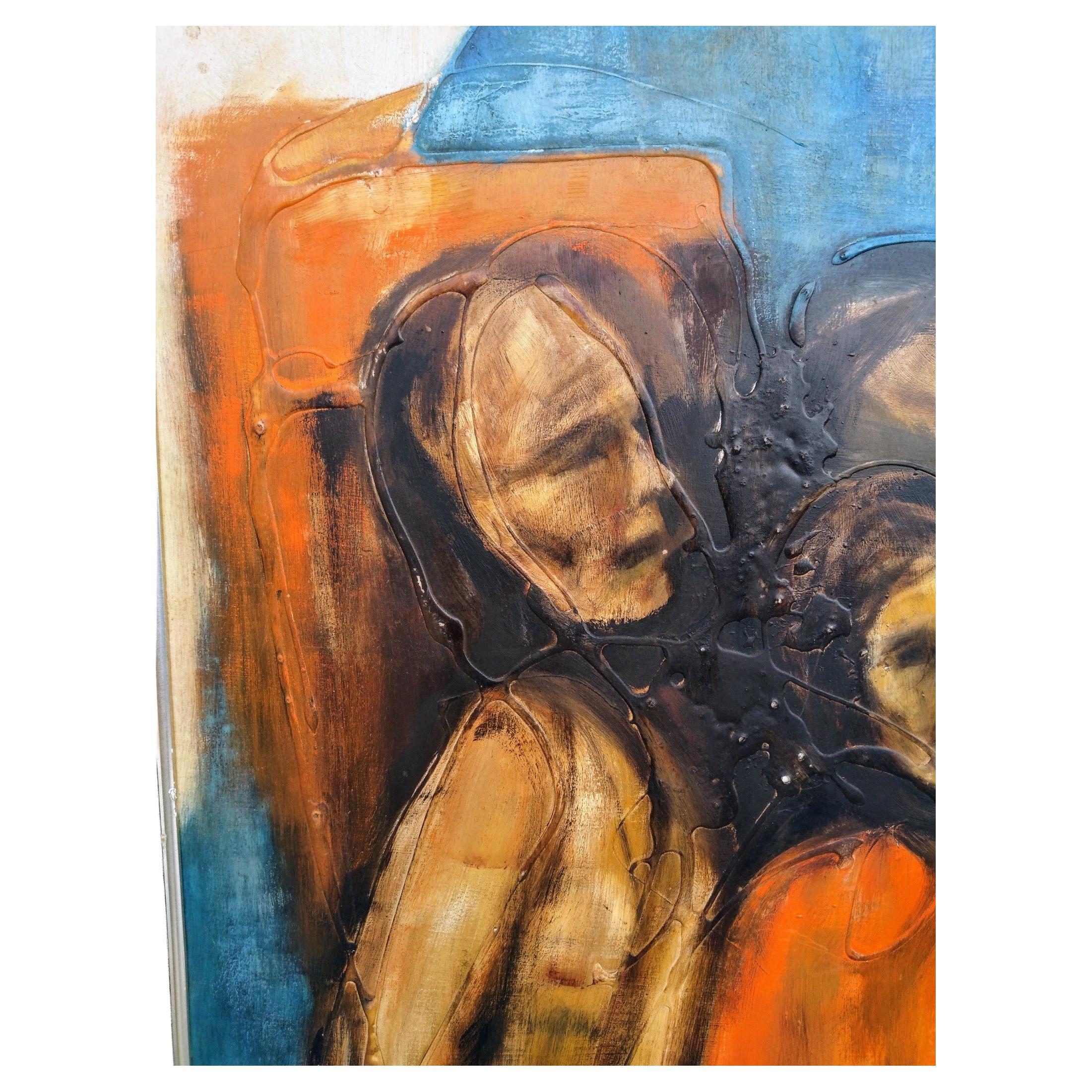Dies ist ein wunderbares Beispiel für das figurative Werk von Charles Alston. Dieses Werk ist ein seltenes Öl auf Masonitplatte. Die Komposition zeigt drei Figuren, bei denen es sich um Chorsänger in der Kirche handeln könnte. In diesem Werk setzt