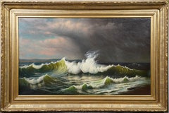 Antique American Framed Monumental Crashing Waves Beach Scene Rare Oil Painting
