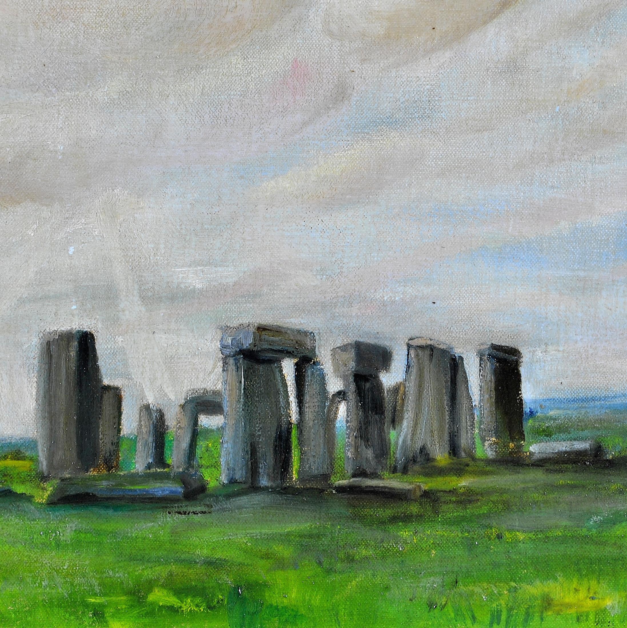 Stonehenge - Paysage anglais ancien, début du XXe siècle, peinture à l'huile sur toile - Gris Landscape Painting par Charles Henry Harrison Burleigh