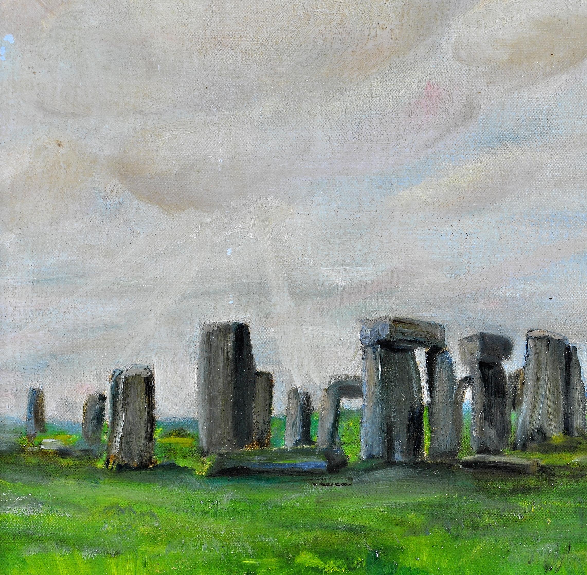 A beautiful c.1920 oil on canvas depicting the famous prehistoric rock formation of Stonehenge under an atmospheric cloudy sky, by Charles Henry Harrison Burleigh. Excellent quality and very early painting of Stonehenge. Signed lower left and