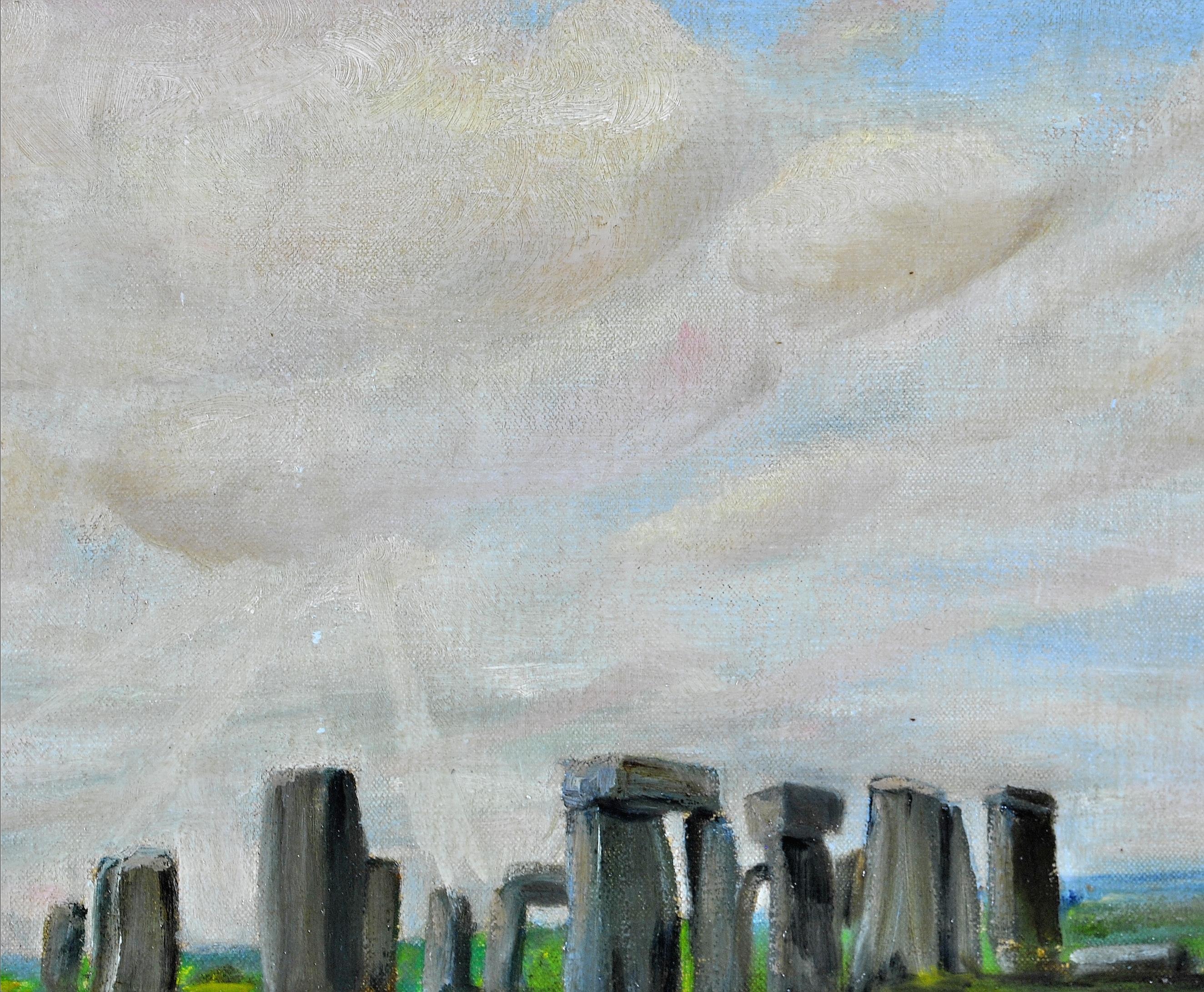 Stonehenge - Paysage anglais ancien, début du XXe siècle, peinture à l'huile sur toile en vente 2