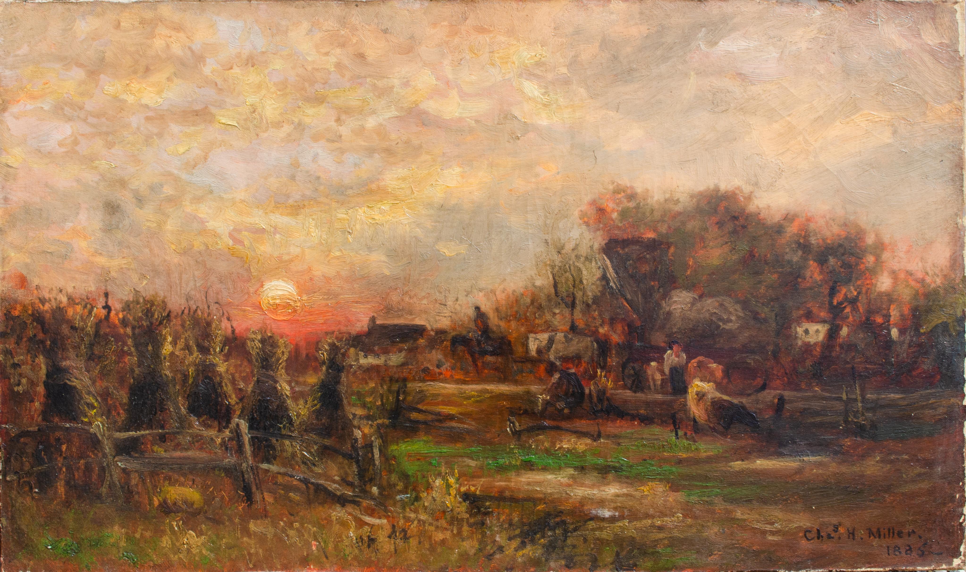 Charles Henry Miller Landscape Painting - Farm At Dusk by Long Island Artist Charles H. Miller, 1865