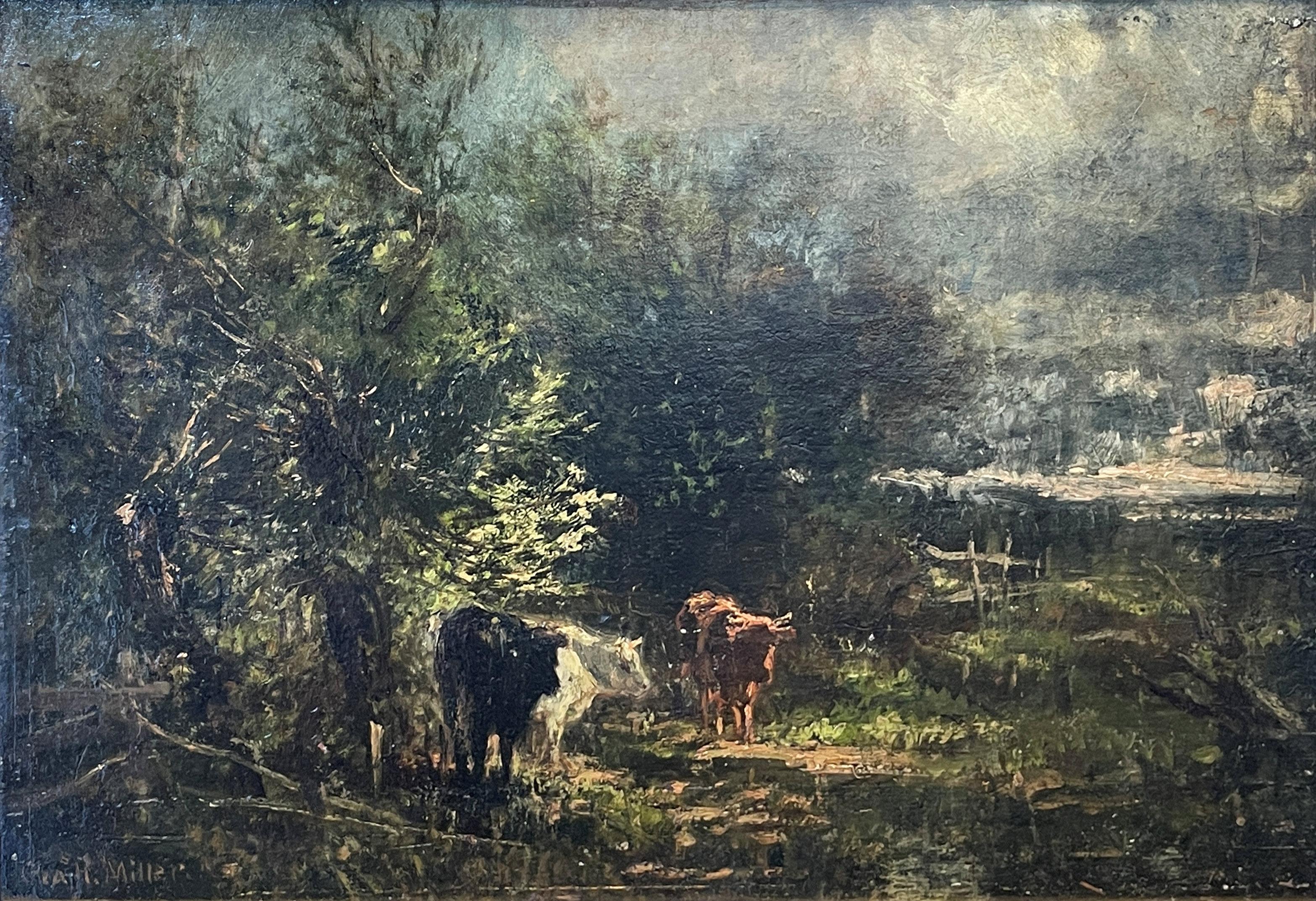 Charles Henry Miller
Spülende Landschaft mit Kühen, um 1880
Signiert unten links
Öl auf Leinwand
13 x 19 Zoll

Charles Henry Miller war ein bekannter Künstler und Maler von Landschaften aus Long Island, New York. Der amerikanische Dichter Bayard