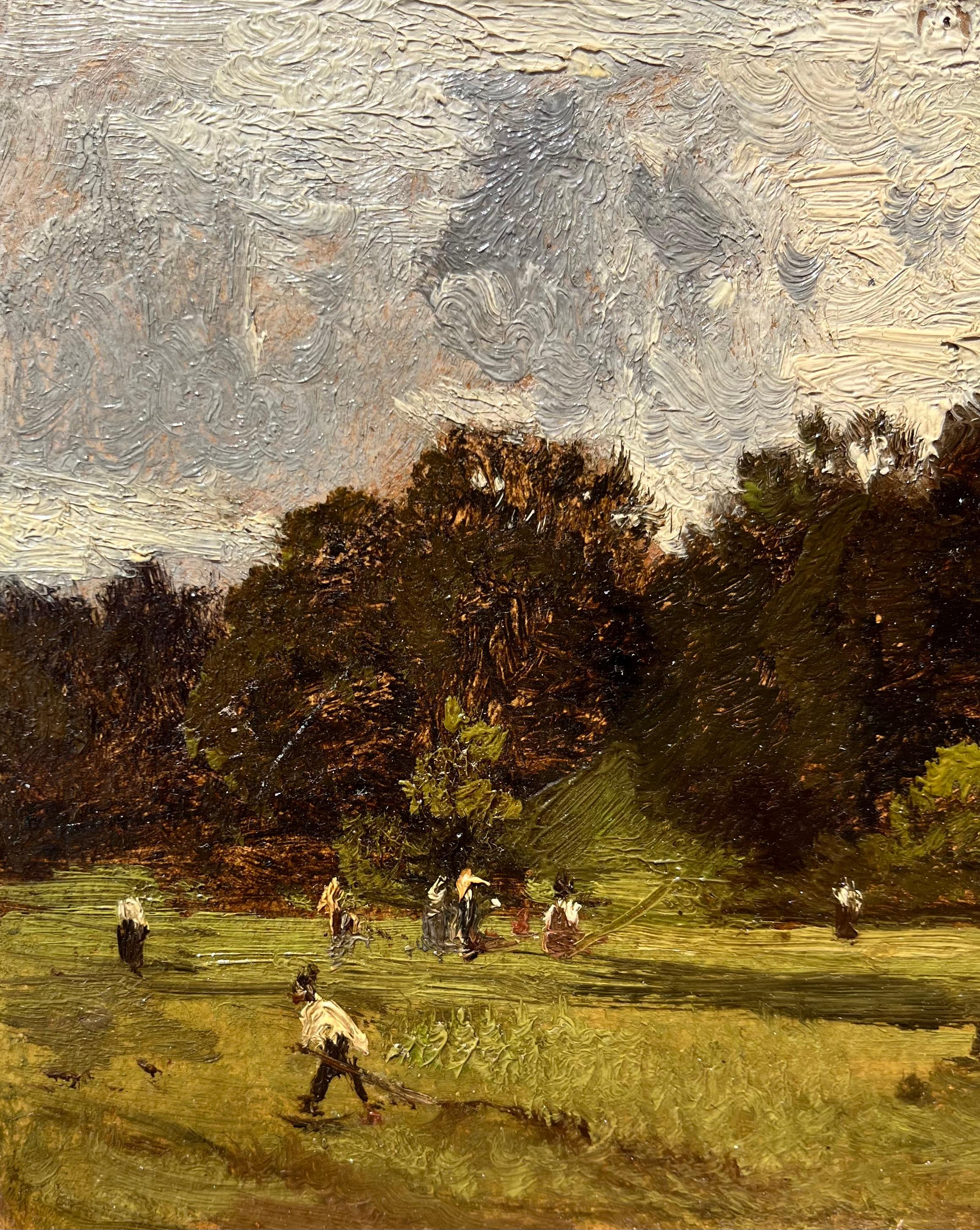 Paisaje figurativo impresionista de chicos jugando a la pelota titulado 