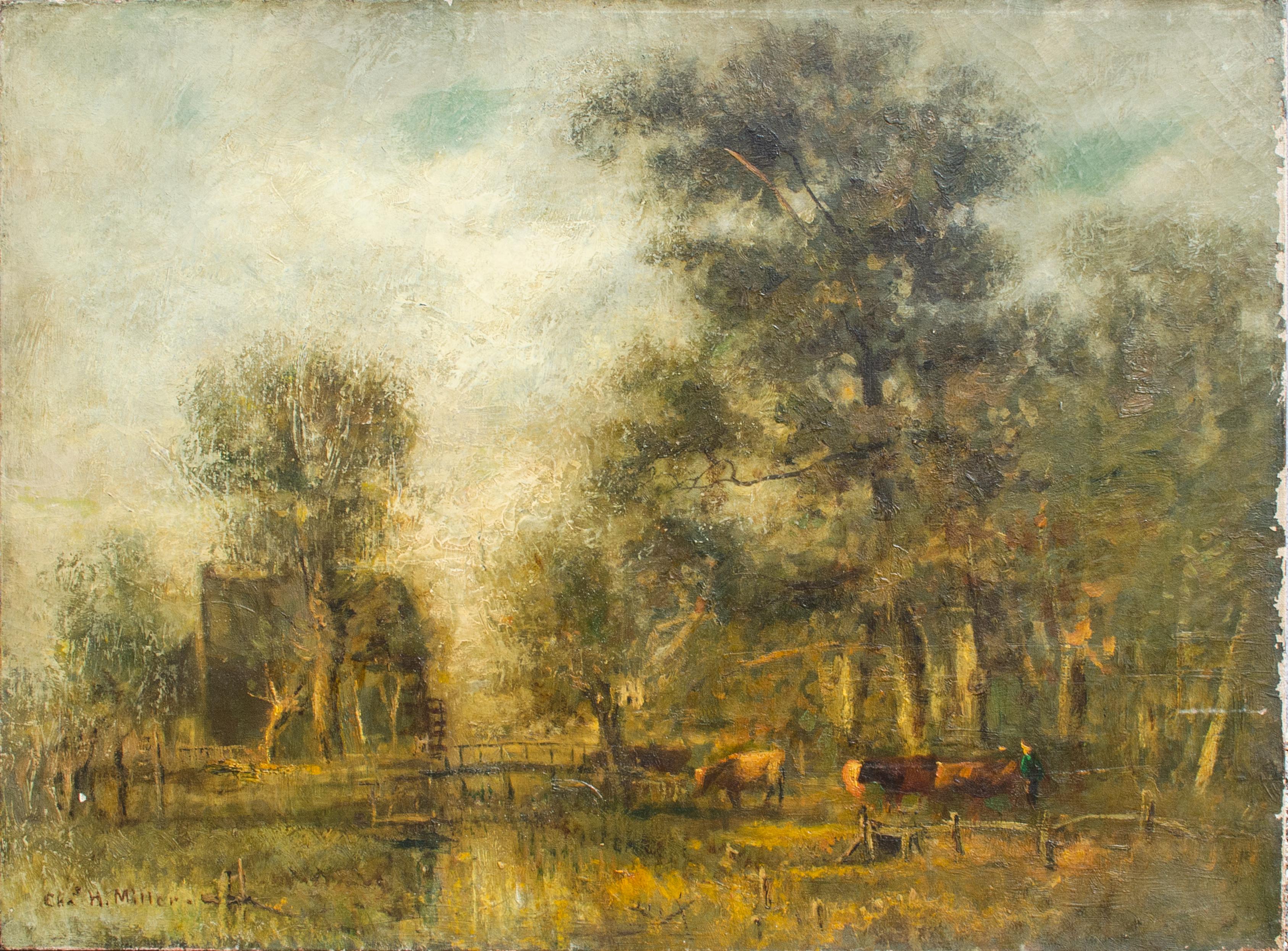 Charles Henry Miller Landscape Painting - Impressionist Painting of Cows and Trees by C.H. Miller, Long Island