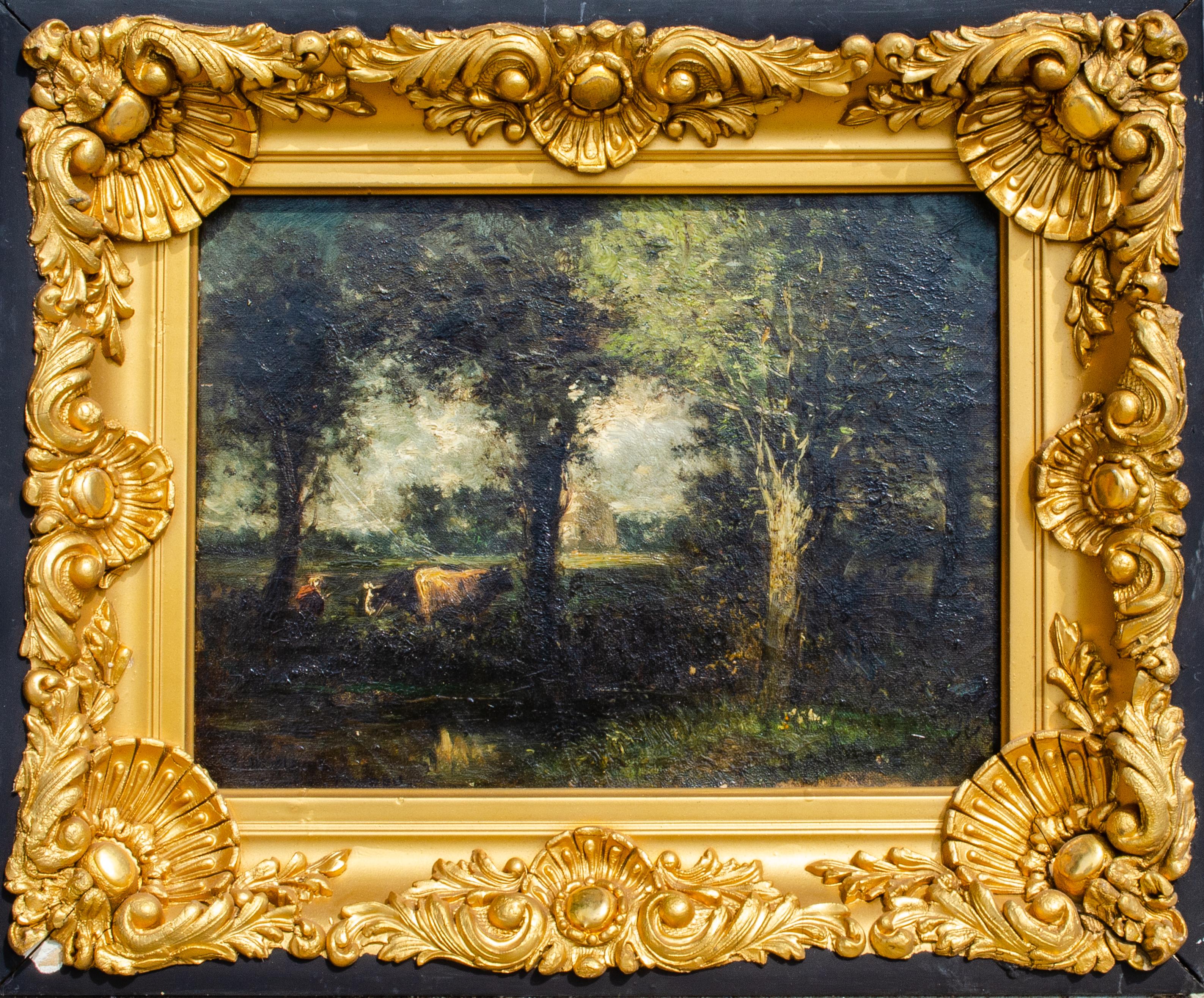 Charles Henry Miller Landscape Painting - Style of Troyon Impressionist Painting by C.H. Miller