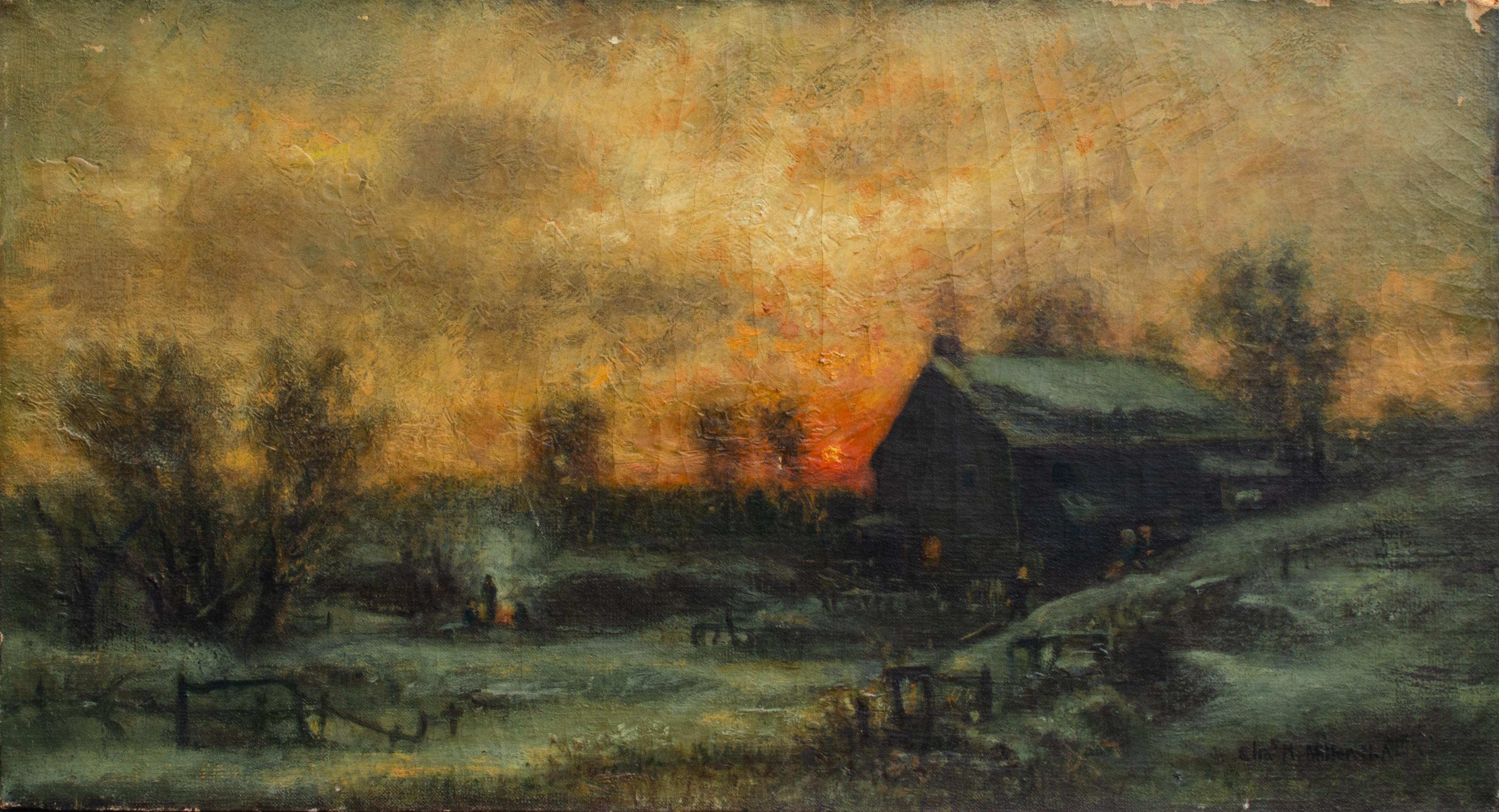 Landscape Painting Charles Henry Miller - Lever de soleil sur la ferme par l'artiste du 19e siècle C.H. Miller